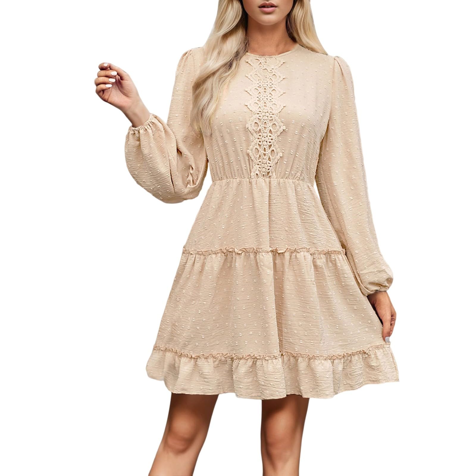 2026 trapèze Femme à Volants Manches Longues col V Dentelle Couture Ourlet élégant pour Tenue Casual