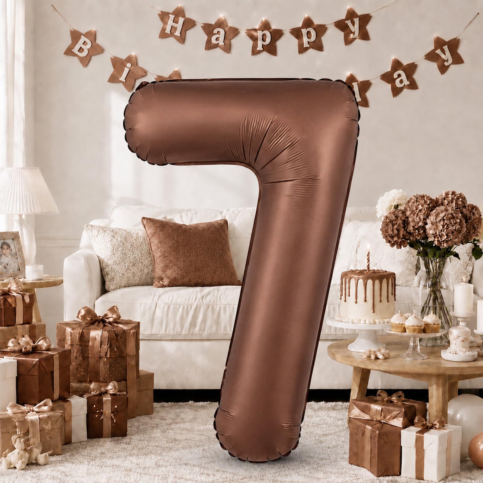 40 Inch Dark Brown Number 7 Balloon, Chocolate Brown Large Self Inflating Foil Balloons 7th for Boys Girls, Digital 7 Helium Balloon for Women Men 27th Birthday Baby Shower Anniversary Party Decor
