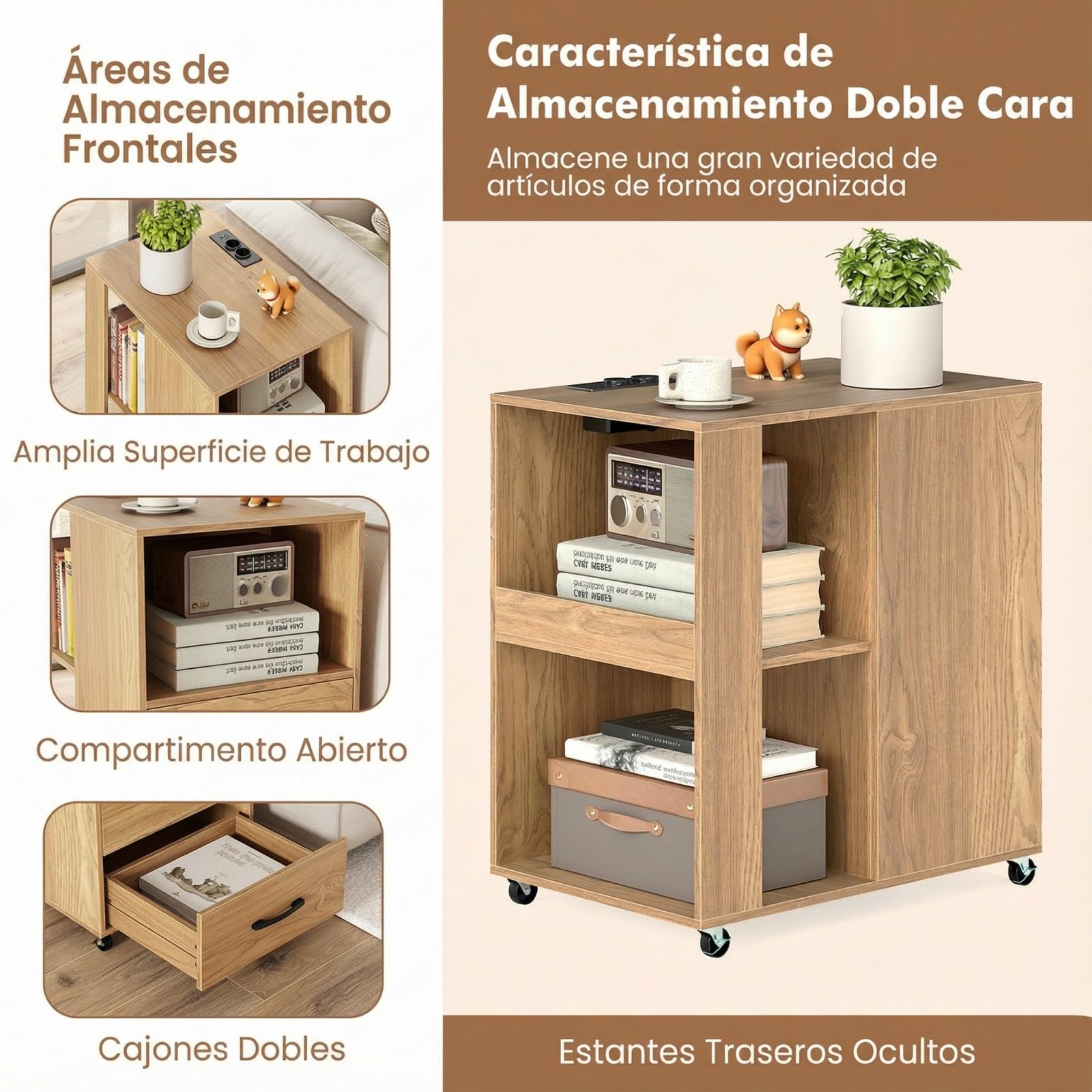 GYMAX Mesita de Noche con Estación de Carga, Mesita Auxiliar con Ruedas, 2 Cajones, Compartimento Abierto y Estantes Traseros, Mueble Moderno para Salón, Dormitorio, Despacho, 60x40x65,5 cm (Natural)