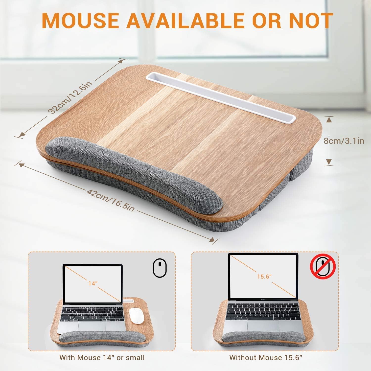 Lap Desk Height Adjustable - Fits up to 15.6 inch Laptop, Ohuhu Portable Wood Lap Laptop Desk with Soft Pillow Cushion, Anti-Slip Strip & Storage Pockets for Notebook, MacBook, Tablet Laptop Stand : Office Products