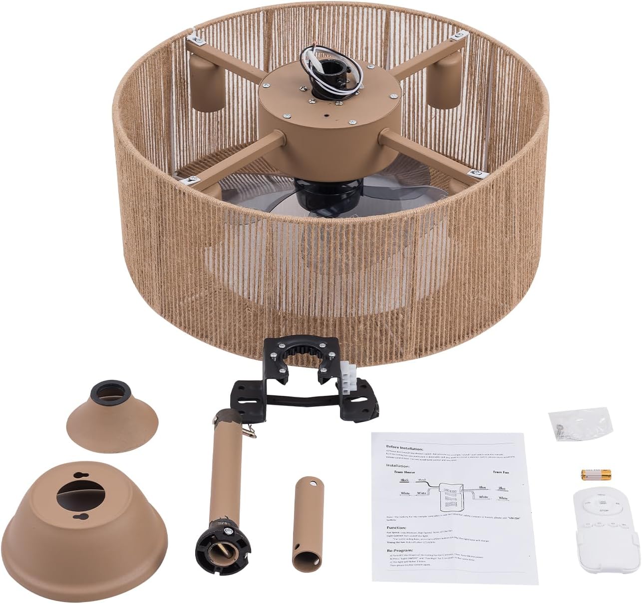 18 Indoor Ceiling Fan Chandelier Handcrafted Wood Color Nylon Thread Shade Lamp