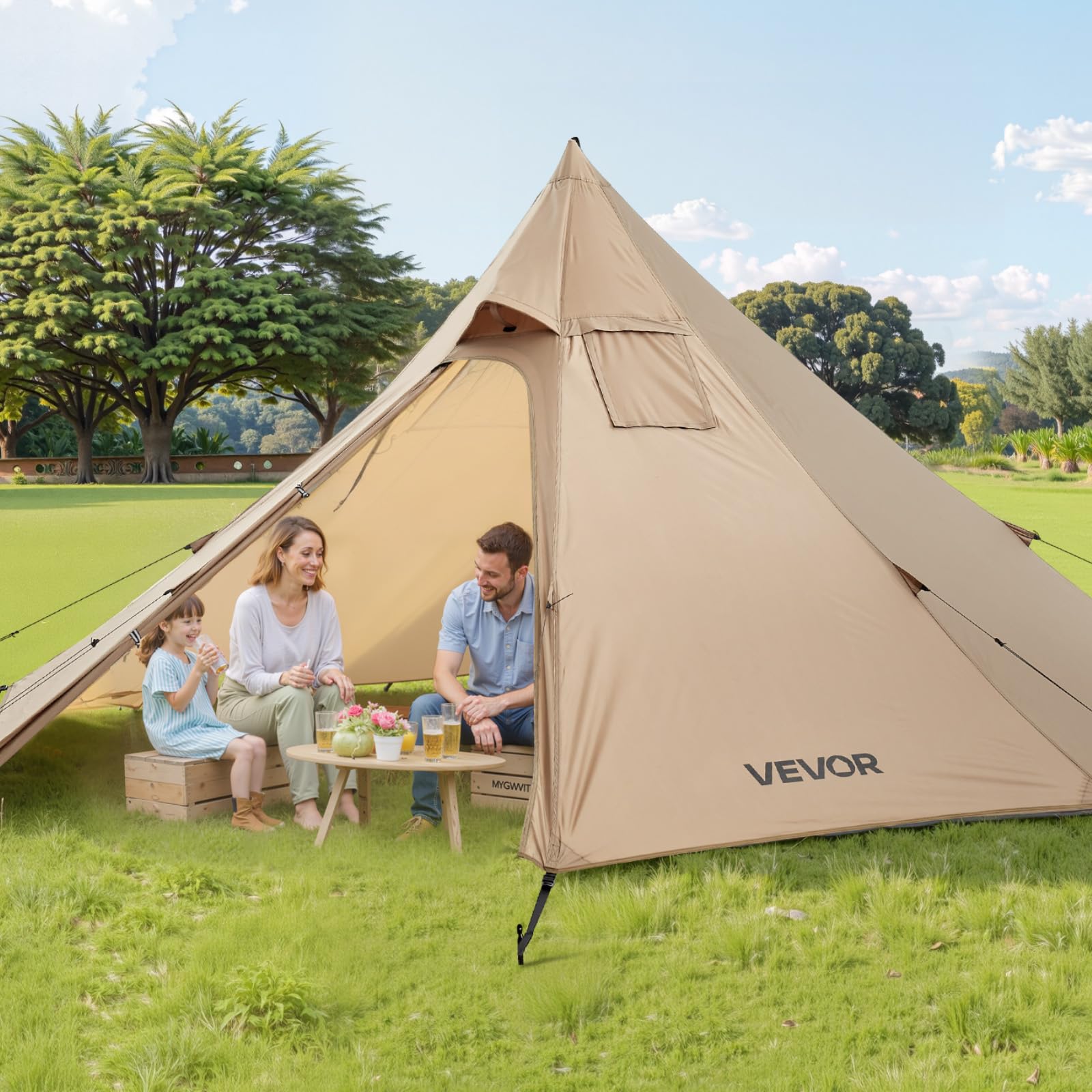 VEVOR Tipi przenośny namiot dla 2 osób, 320 x 320 x 160 cm ze złączem do pieca, wodoodporny namiot stożkowy z płótna na kemping, wędrówki, wędkowanie i plecakiem, rozmiar S