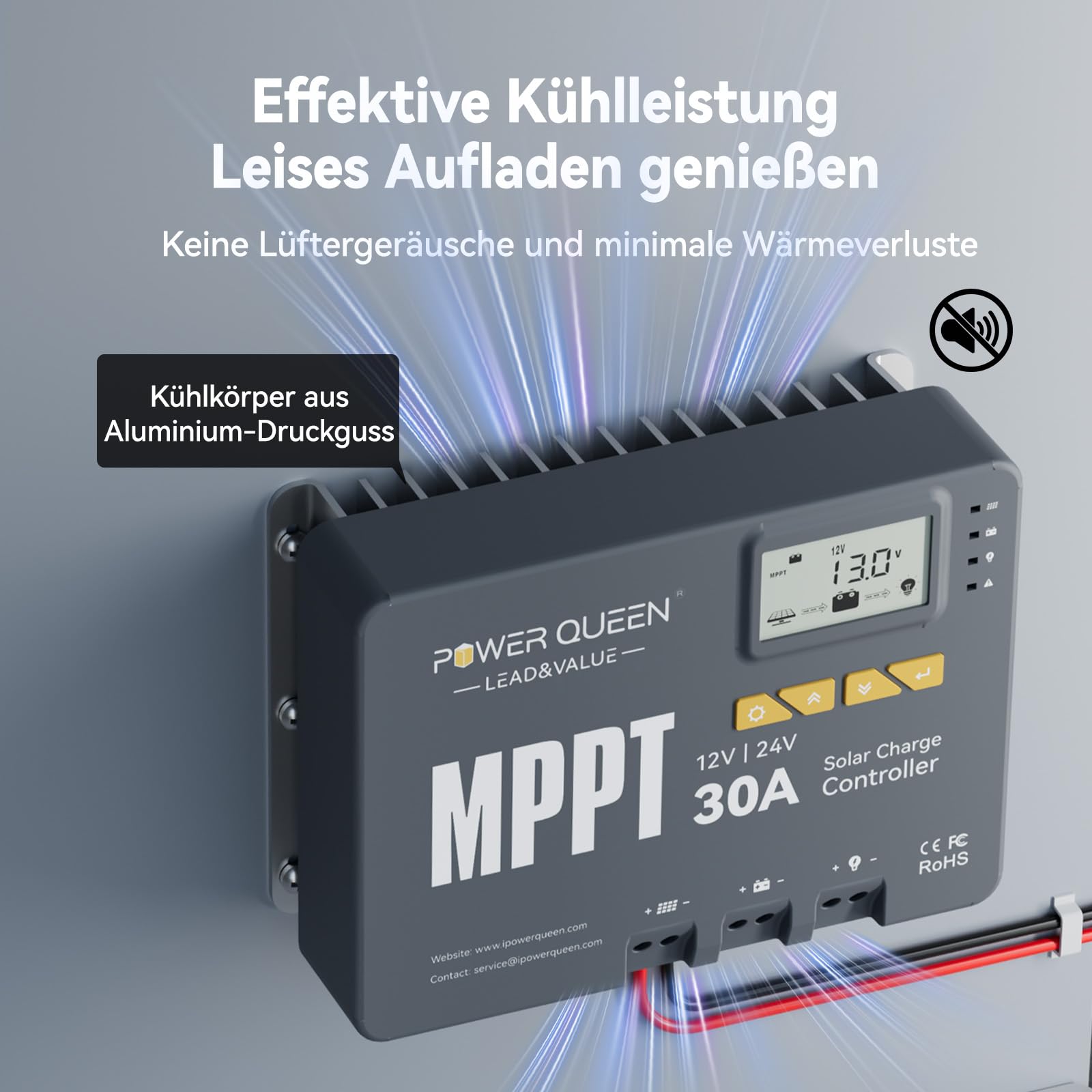 Power Queen 12/24V 30A MPPT Solarladeregler, Max 900W Eingangsleistung, eingebautes Bluetooth Modul, LCD Display, Standard für LiFePO4 Batterie und kompatibel mit versiegelten, Blei-Säure Batterien