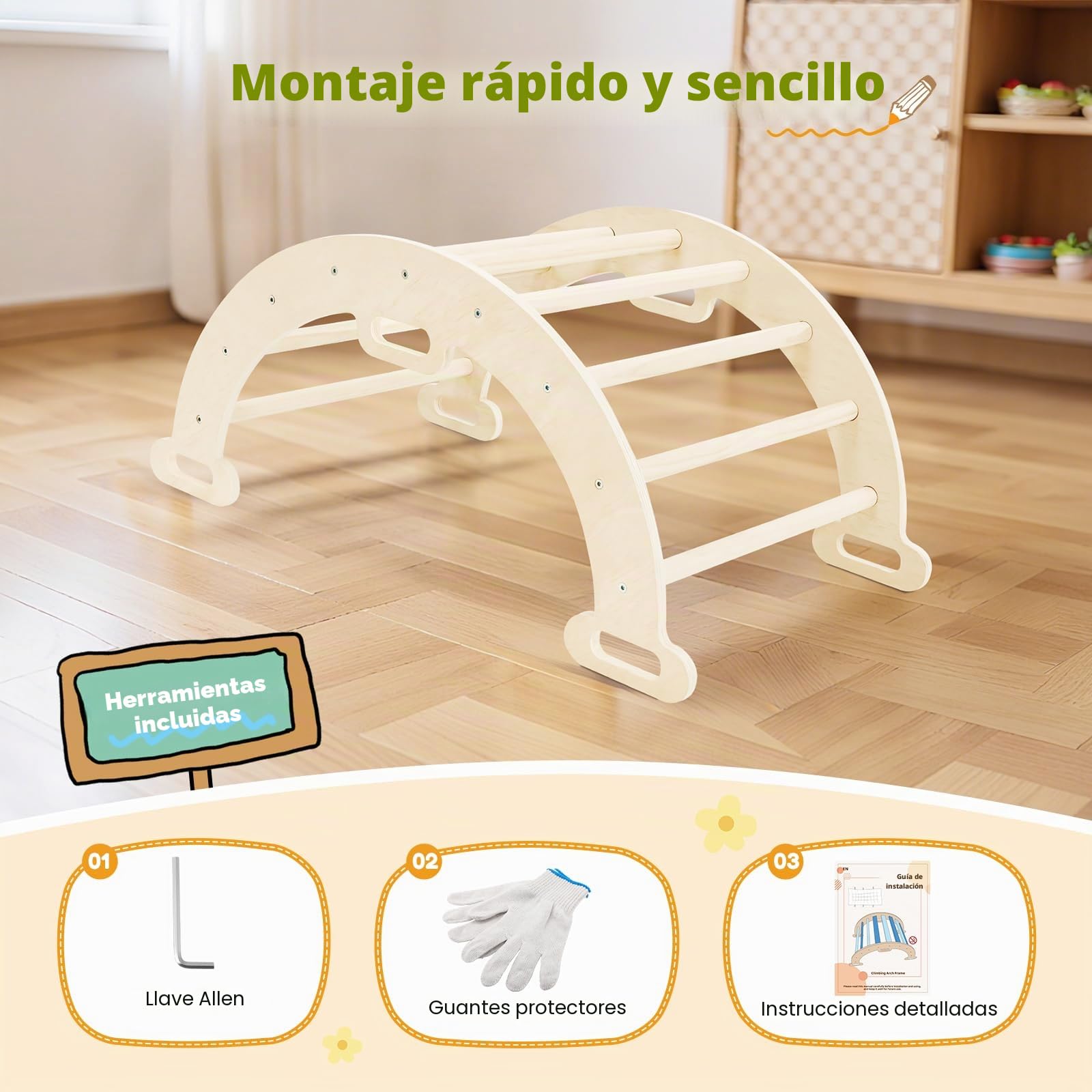 2 en 1 Arco de escalada con reposabrazos, Escalada niños de madera con cojín, madera natural, alfombrilla para los pies antideslizante, refuerzos de soportes, Arco Montessori para bebe 1-6 años