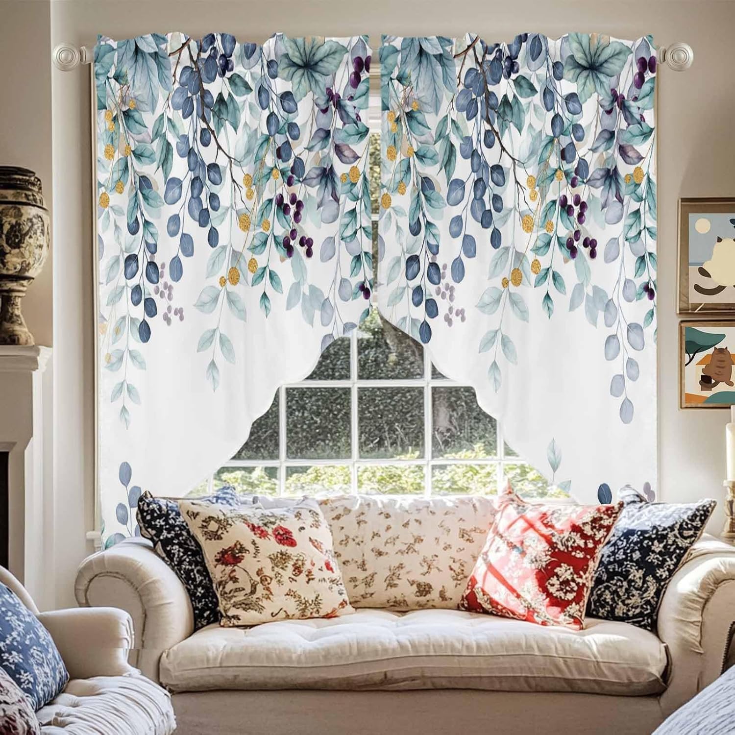 LooPoP Swag Curtain Valances Blue Eucalyptus Leaves Swag Valances for Kitchen Windows Berry Branch Nature Plant Short Topper Curtains Tier Pair for Kitchen Bedroom Living Room Bathroom Cafe 36"x63"
