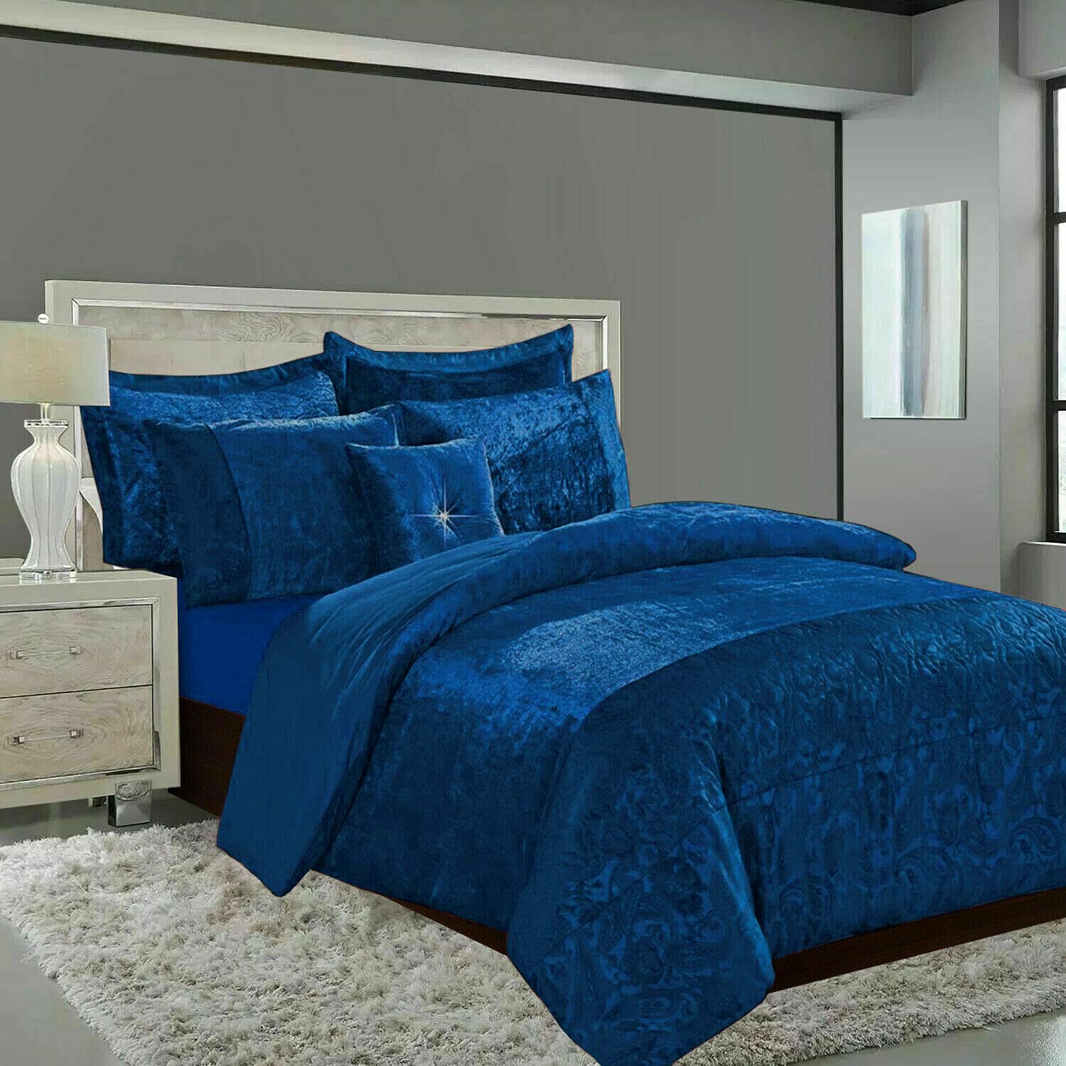 Duvet Set Royal-Blue Luxury Santiago Duvet Cover Set Crushed Velvet Double Super King Size (Royal-Blue)