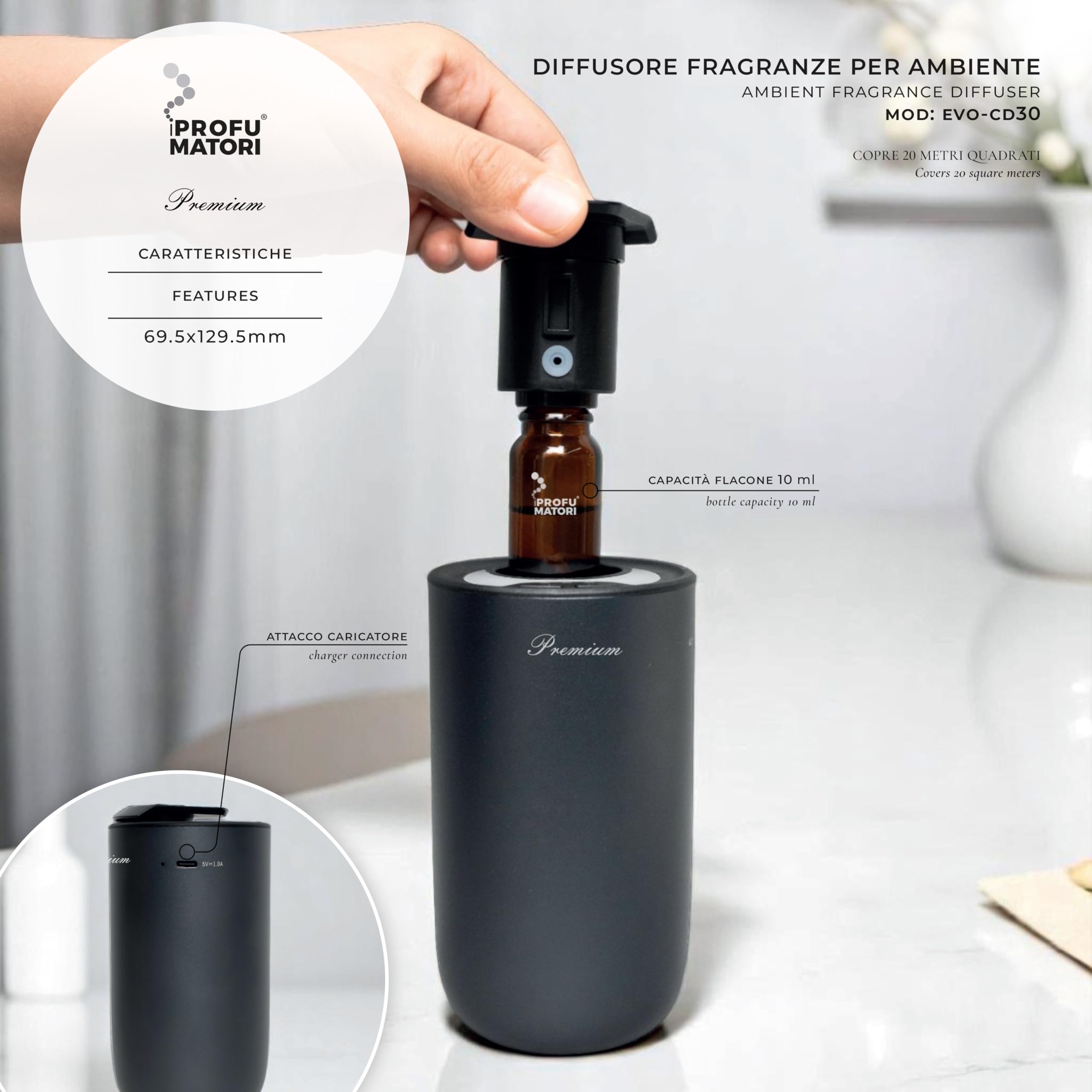 Difusor para Coche eléctrico EVO/CD30, Fragancia incluida Oud Omar, Recarga USB, 3 Niveles de Intensidad, luz Ambiental LED, batería de Larga duración, 15 ml (Color Titanio)