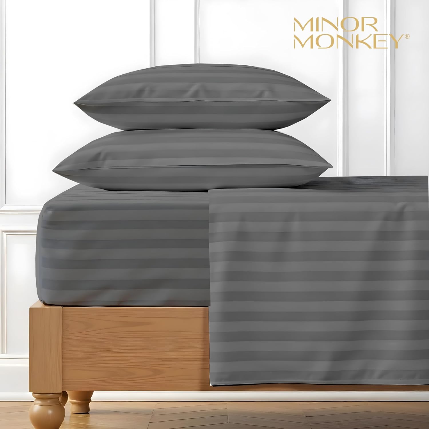 100% Egyptian Cotton Queen Size Damask Striped Sheets, 1000 Thread Count Luxury Breathable Sheet, 4Pc Queen Size Bed Sheet Set, Long Staple 16" Deep Pocket Sheets Set: Dark Grey - Image 2