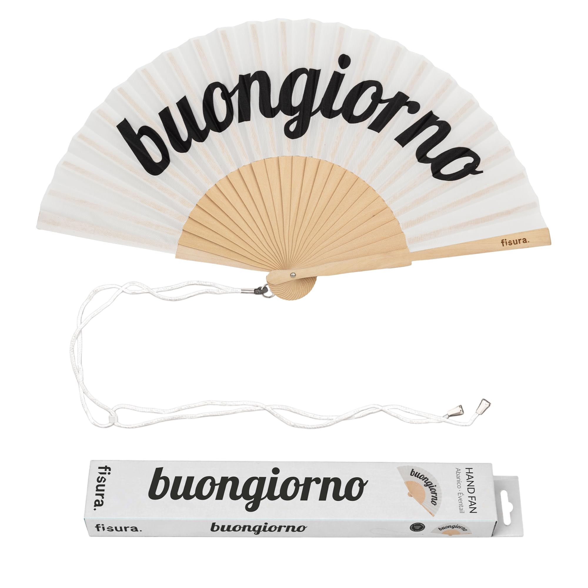 Fisura – Ventaglio Originale con Messaggio “Buongiorno”. Accessorio Pieghevole in Legno Moderno Bianco, Ventilatore Manuale Leggero Perfetto per Spiaggia, Viaggio. Laccetto Incluso 42,5 x 23 cm