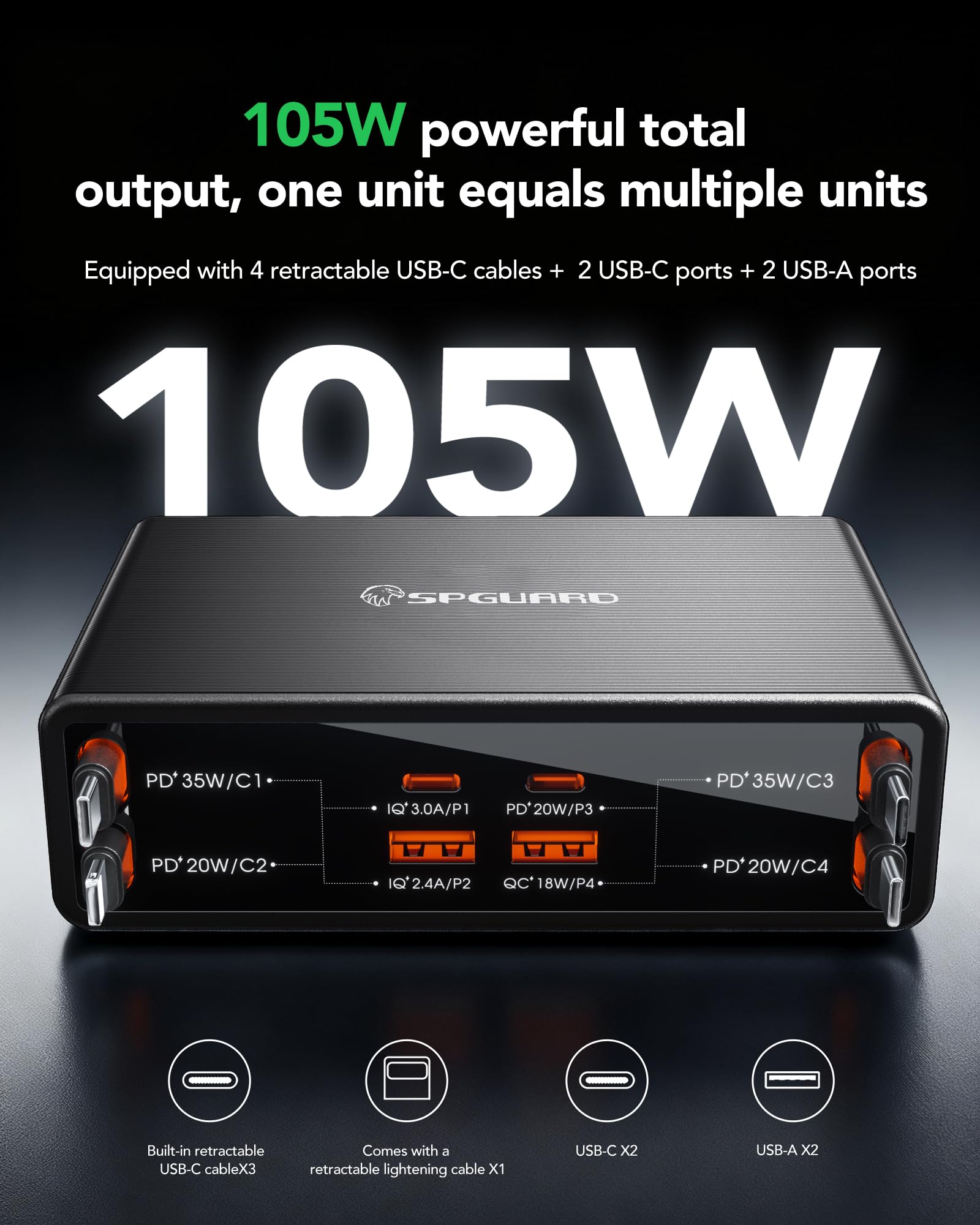 GaN Chowana ładowarka USB C 8 w 1, stacja ładująca 105 W, z 4 chowanymi kablami do ładowania, stacja ładująca USB GaN, wiele urządzeń, kompatybilna z iPhone 17 Pro/17/16/15/14/iPad/MacBook/Galaxy