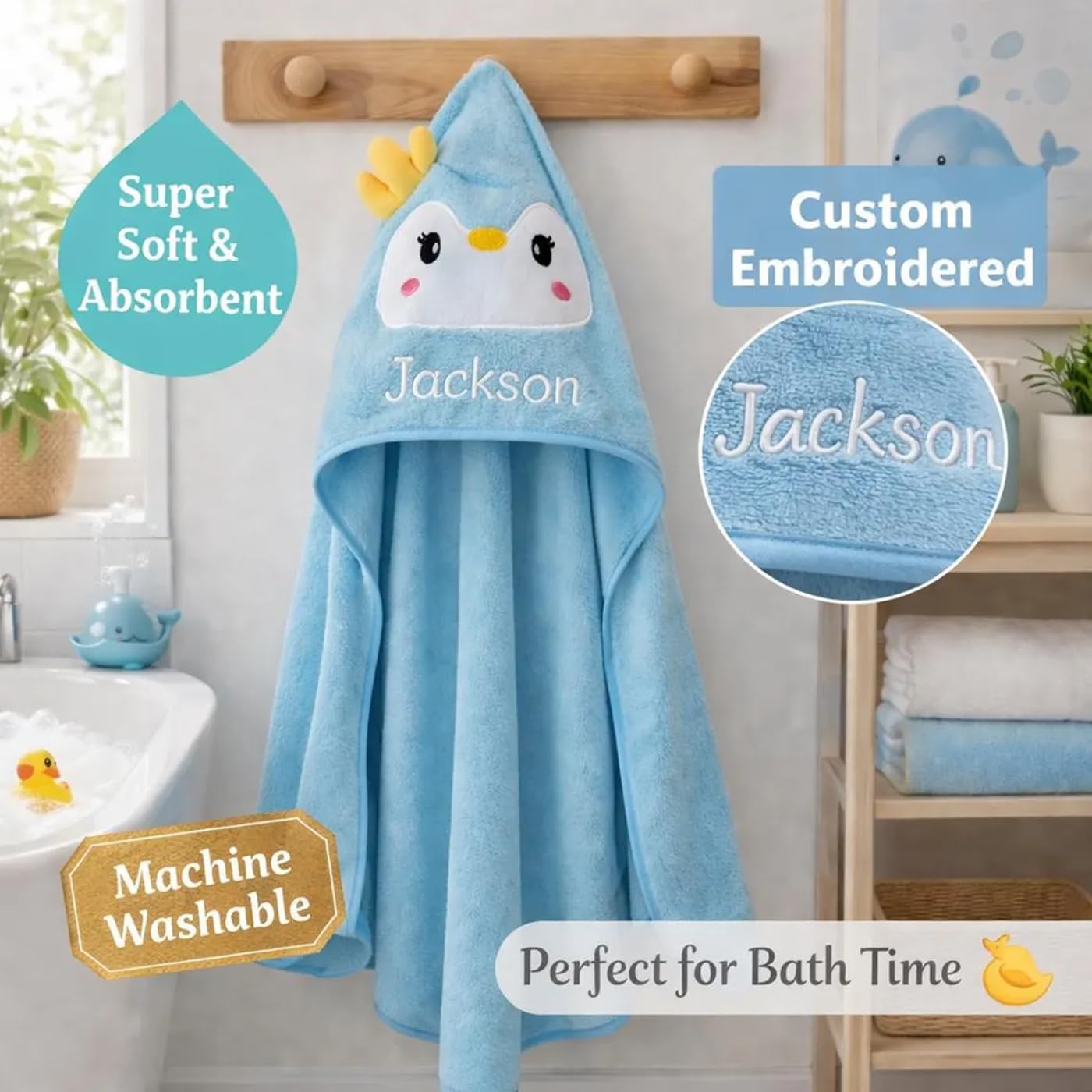 Personalized Baby Hooded Towel, Cute Animal Baby Towel, Soft Absorbent Kids Bath Towel, Newborn Gift (C)