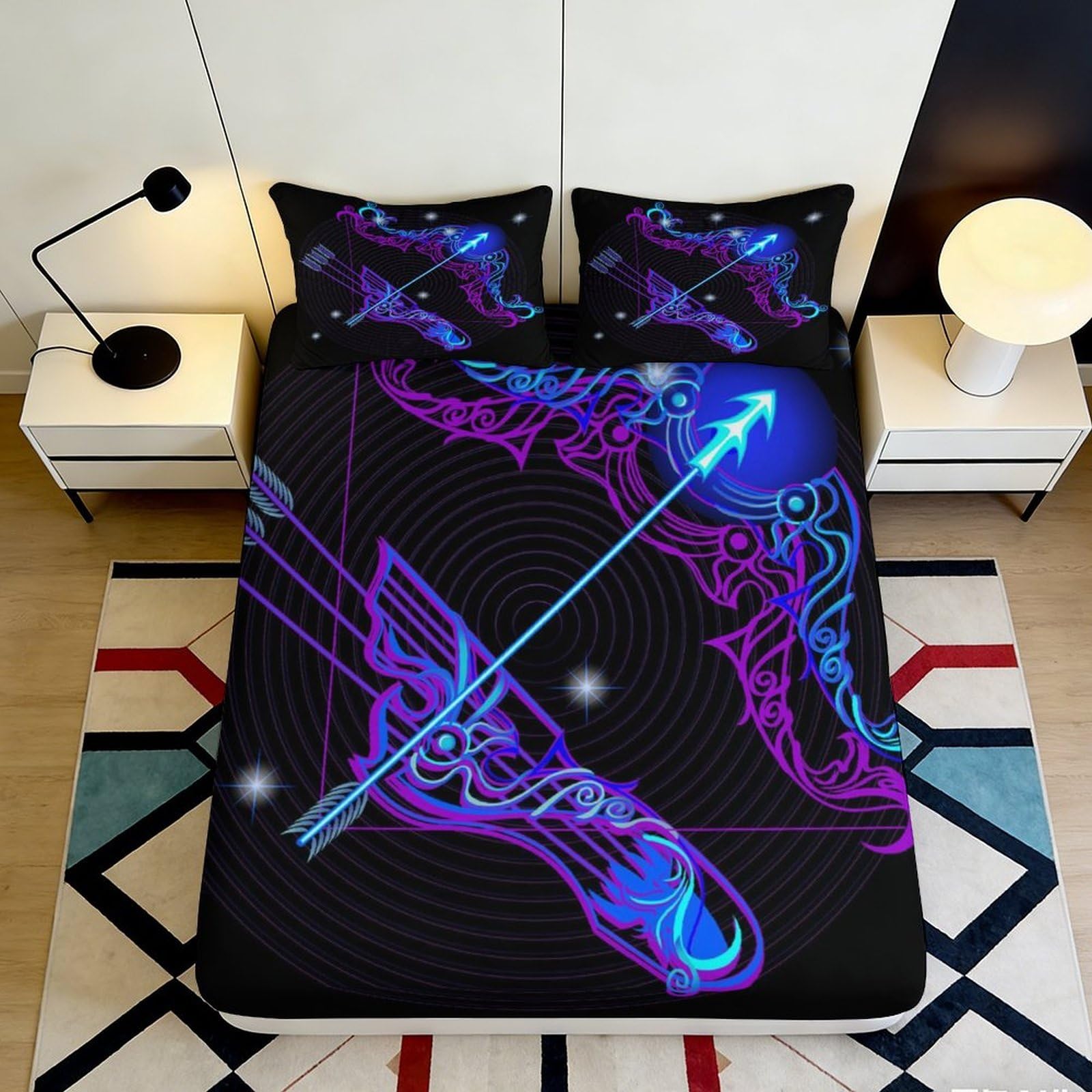 3D Printed Neon Arrow Constellation Fitted Sheet Microfiber Soft Black Mattress Cover for Bedroom Dorm Decor 90x200x25cm