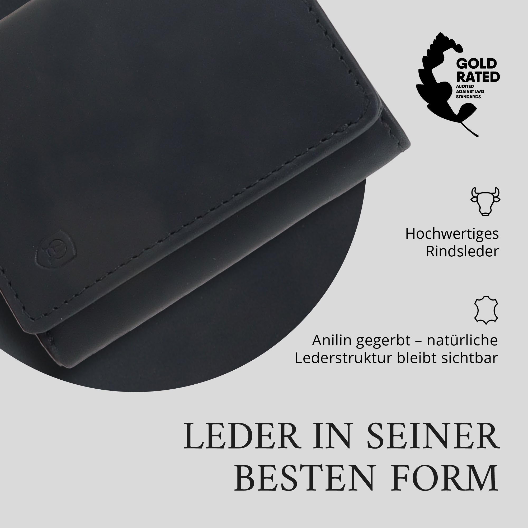 AKAROA – Trifold Geldbörse Herren echtes Rindsleder Henry – Portmonee Herren 7,5x9,5cm mit 10 Kartenfächern & Münzfach mit Reißverschluss – Geldbeutel im Hochformat mit RFID Schutz – Schwarz