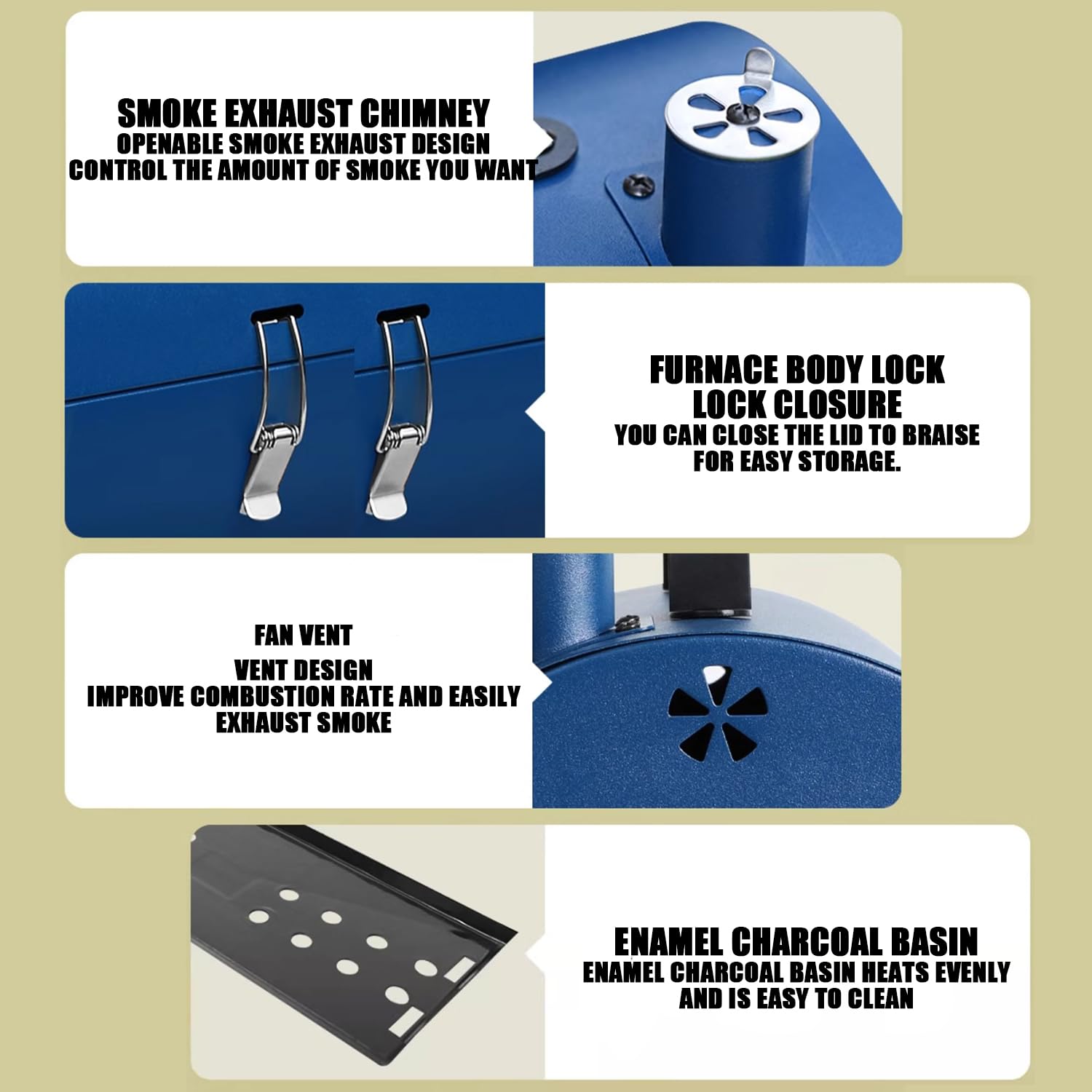 Barbecue portatile 3 in 1 con coperchio per affumicatore, grande griglia a carbone per arrostire e stufare, ideale per scrivania, campeggio, blu