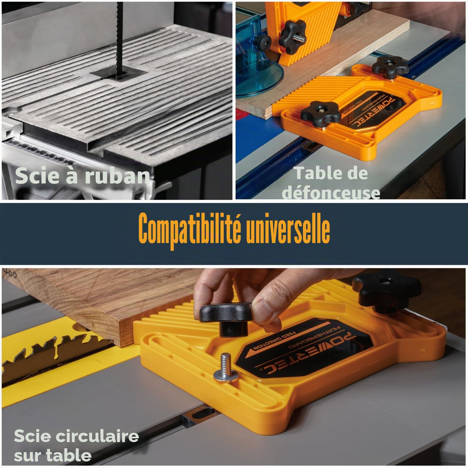 POWERTEC Lot de 2 planches de plumes tandem universelles pour scie de table, table de toupie, clôture et scie à ruban, outils et accessoires pour le travail du bois pour réduire le rebond et augmenter