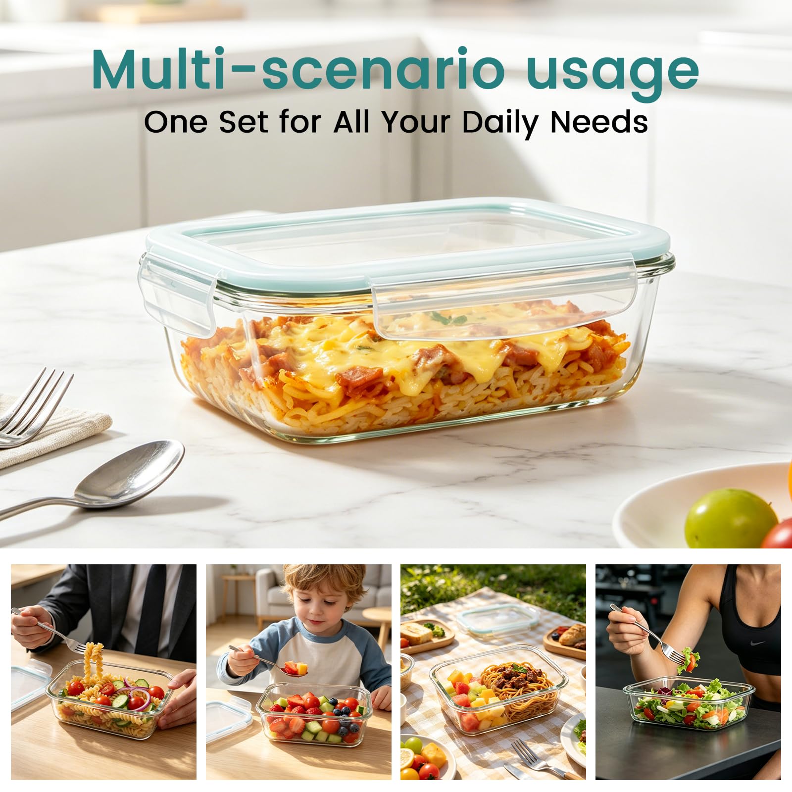 Luvan 2 * 1,52L Recipientes grandes de Cristal con Tapas para Alimentos, Recipientes de Meal Prep/Cajas Bento/Cajas de Almuerzo con 4 Cierres de Pestañas, Aptos para Refrigerador y Lavavajillas