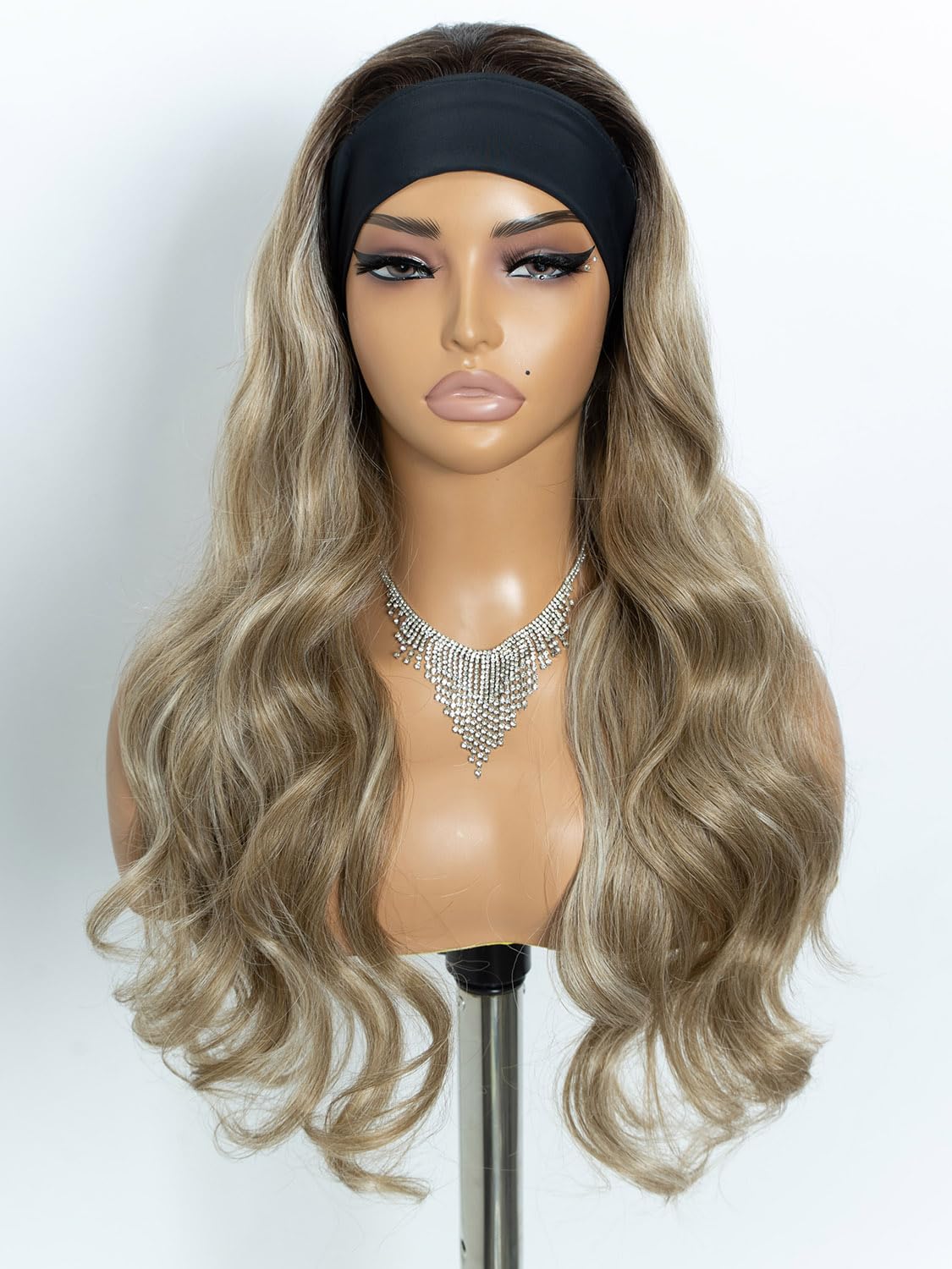 Joedir Long Body Wave Headband Wig Wear To Go Synthetic Wig for Women Natural Looking Glueless Wig for Daily Wear Ombre Blonde