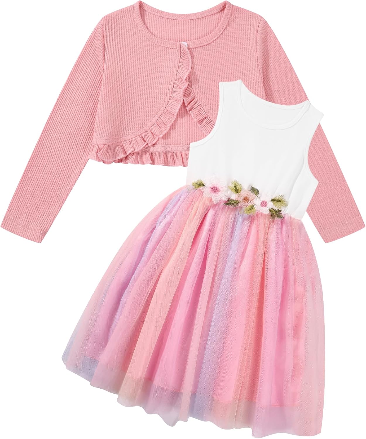 Little Girls Dress and Cardigan Set 2 Piece Floral Print Tulle Sleeveless Princess Dress and Long Sleeve Ruffle Shrug