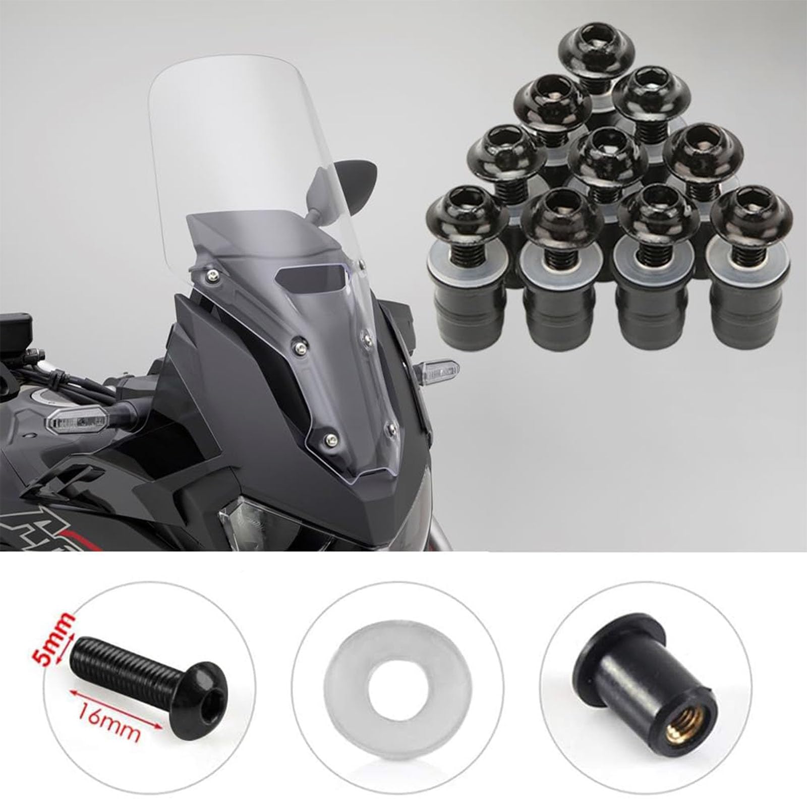 Kit Bulloni M5 Per Parabrezza Moto - 10 Pezzi Con Dadi In Gomma E Attrezzo - Nero - Foto 2