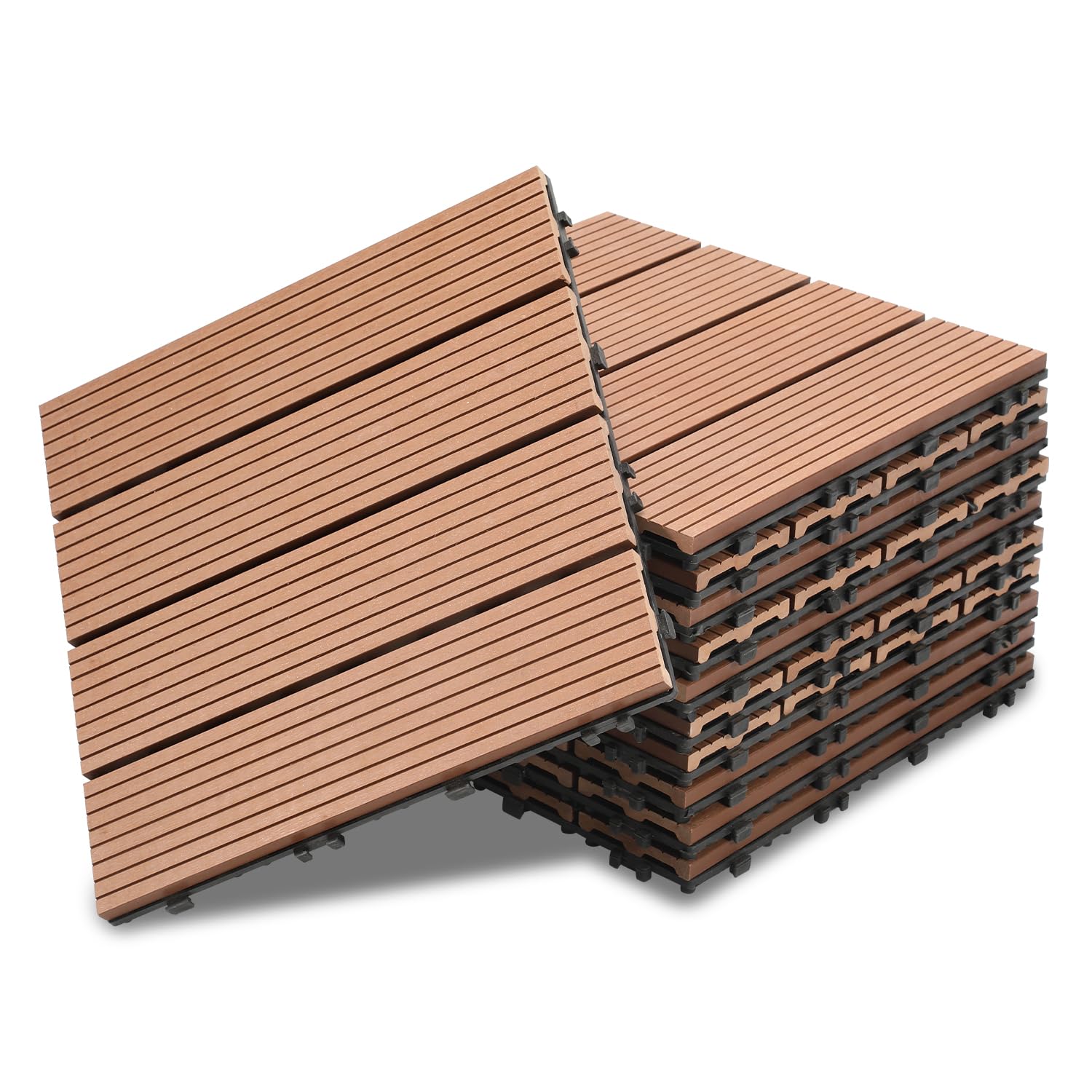 Ikodm WPC - Piastrelle per terrazze, 55 pezzi, 30 x 30 cm, piastrelle da giardino con sistema a clic, rivestimento per pavimenti con drenaggio, balcone, pavimento marrone, effetto legno, 5 m²