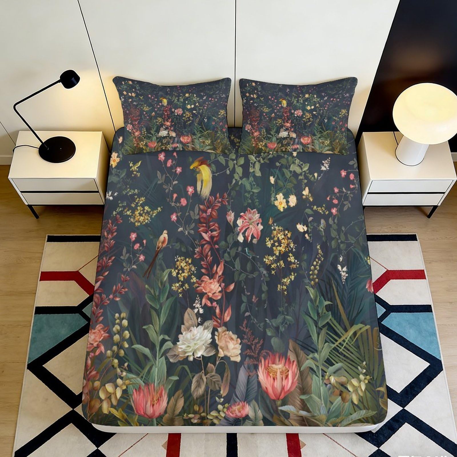 Uxinyoume Style-4 3D Printed Botanical Garden Fitted Sheet Microfiber Soft Breathable Floral Meadow Mattress Cover Bedroom Decor 90X200x25cm