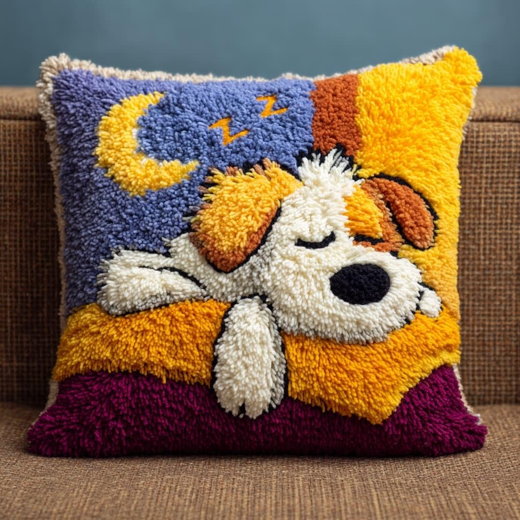 WallustrioaW Latch Hook Cushion kit 43x43cm,Sleeping Dog