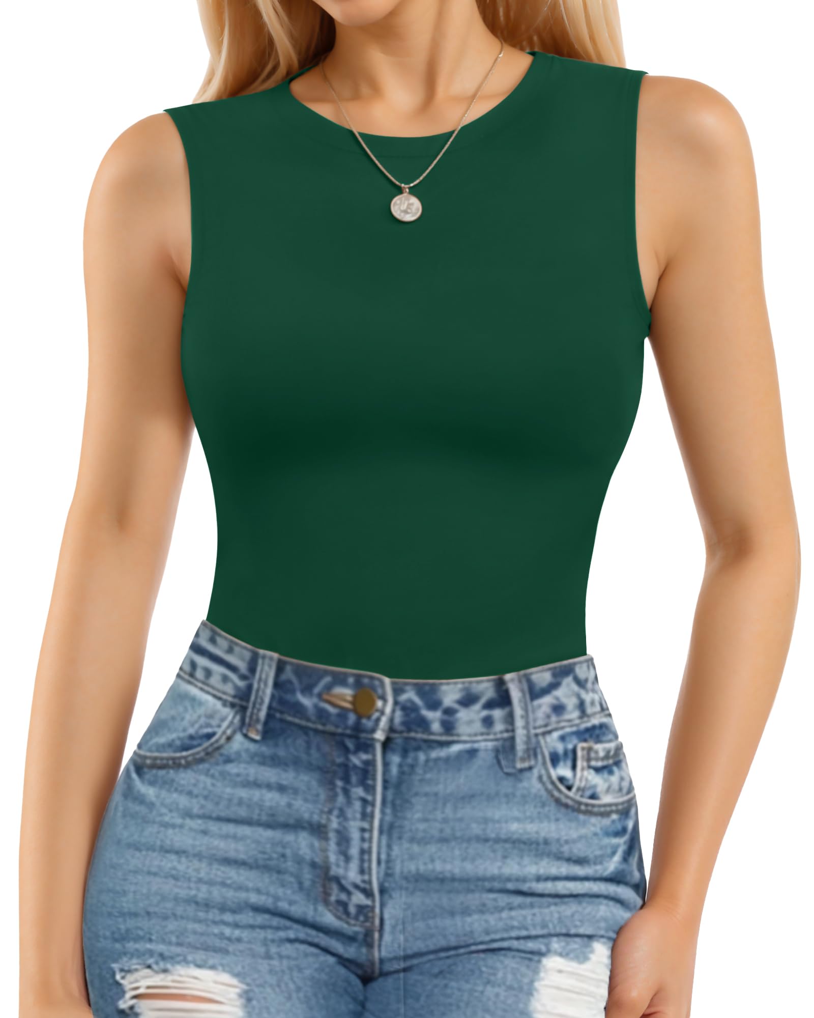 MANGOPOP Women's Sleeveless Bodysuit – Crew Neck Slim Fit Tank Top Bodysuit In Dark Green (Size Large) - View #2