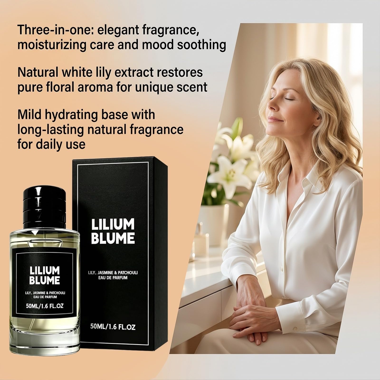 Eau de Parfum 50ml Donna, Giglio Gelsomino Patchouli, Fragranza idratante