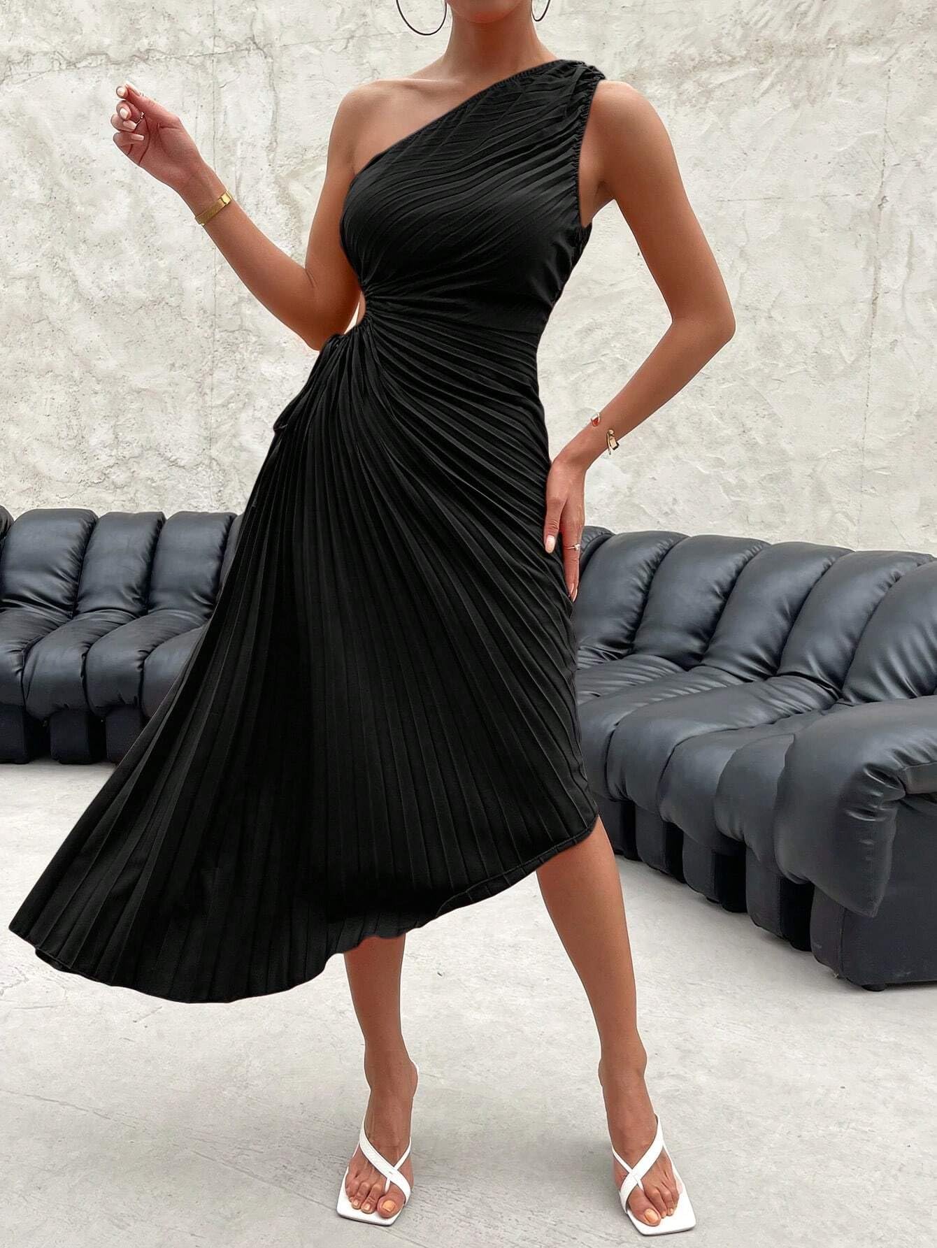 one shoulder cut out waist pleated asymmetrical hem dress Modern Day Glam One Shoulder Asymmetrical Maxi Dress in Berry