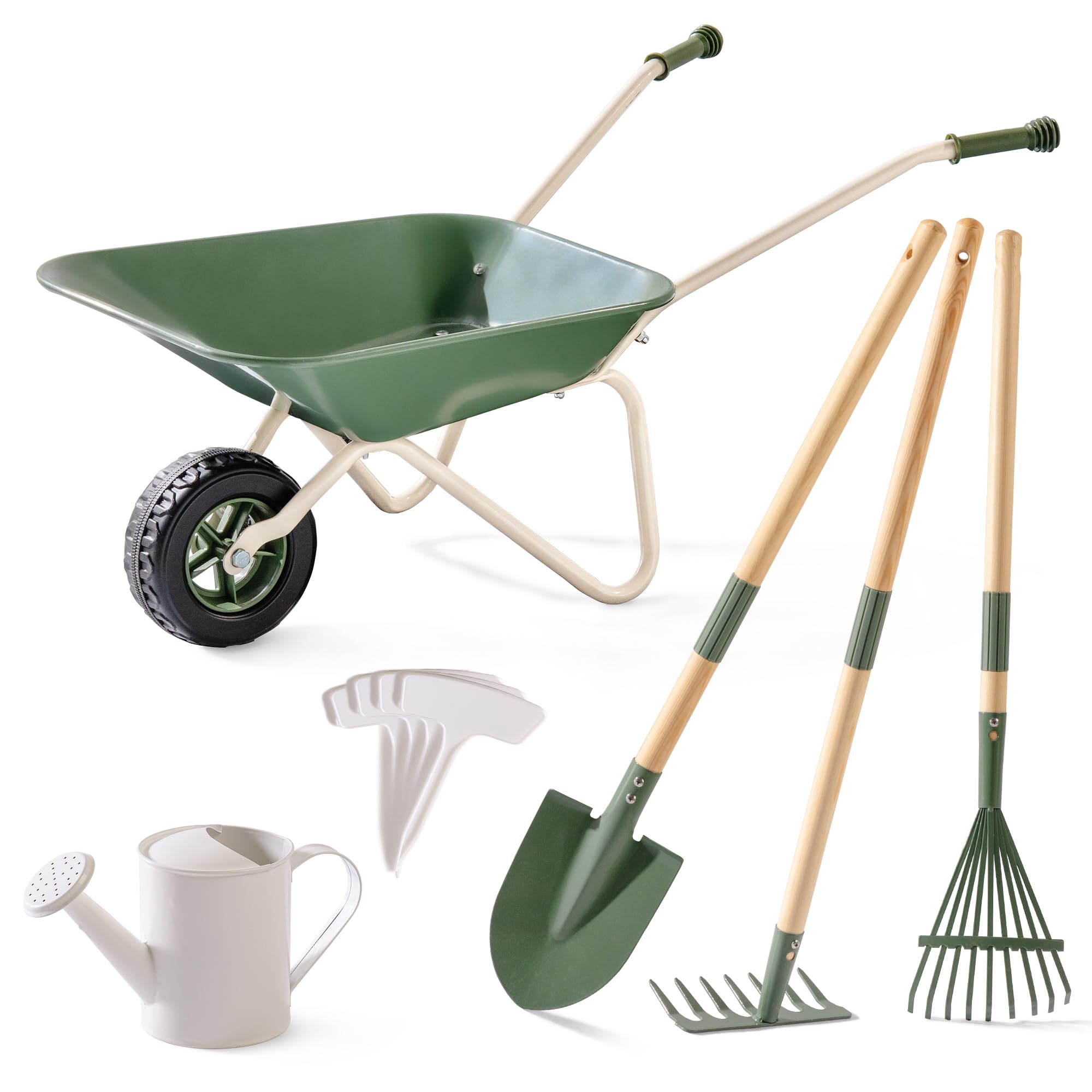 ROBUD Kinder Schubkarre Metall mit Gartenwerkzeug Set, Gartengeräte Spielzeug für Mädchen Jungen ab 3 Jahren, Grün