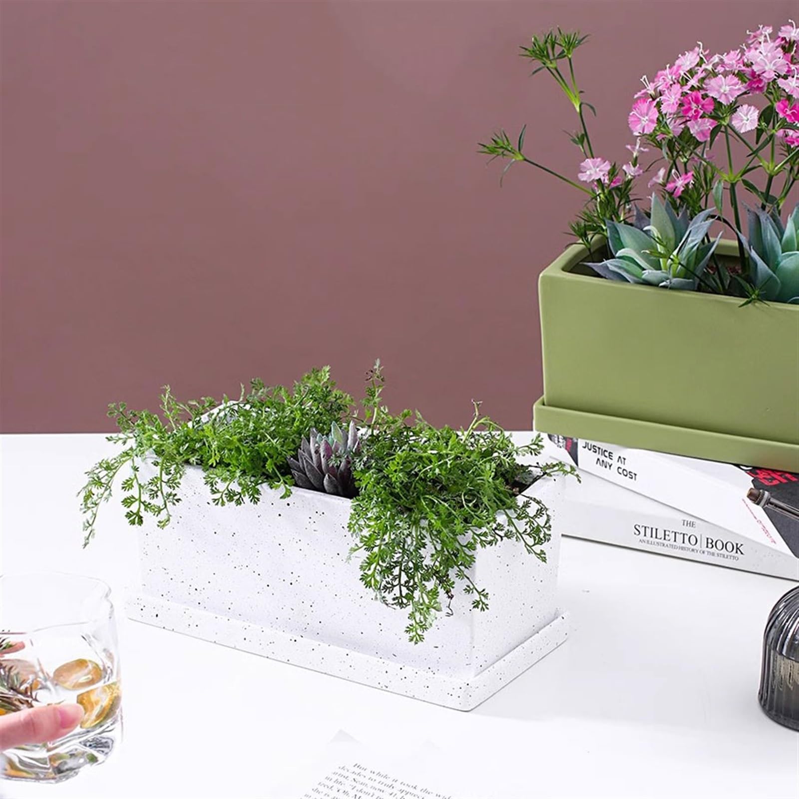 Amazon.com : KEG801302 Flower Pot Ceramic Rectangular Planter with Tray  Scandinavian Simple Succulent Green Office Desktop Perforated Small Potting  Ware Planter(White with Tray,Small) : Patio, Lawn & Garden