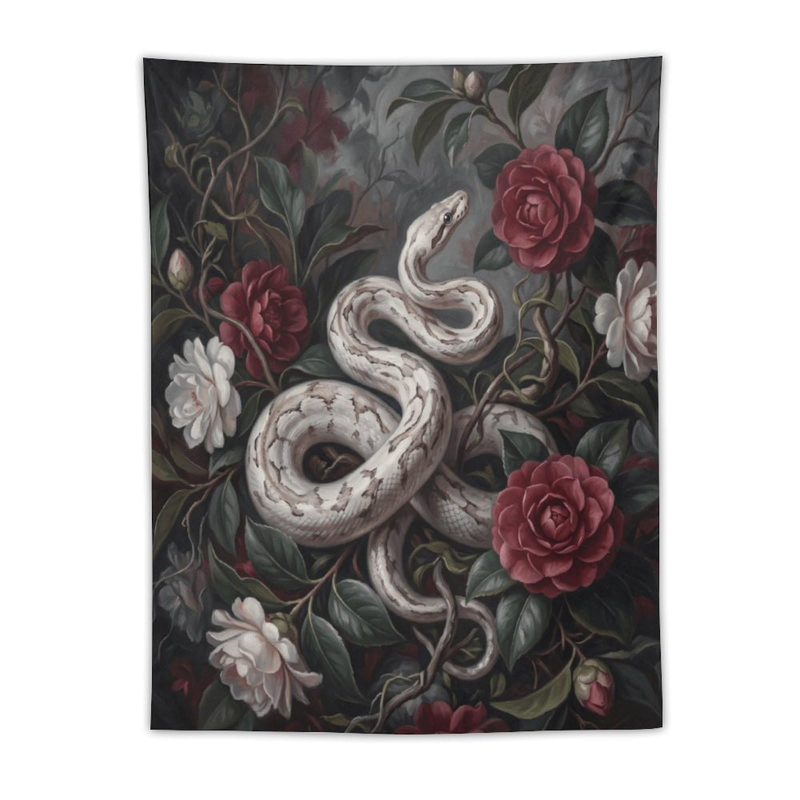 W7C8U2X3 White Snake Dark Roses Wall Tapestry, Realistic Illustration