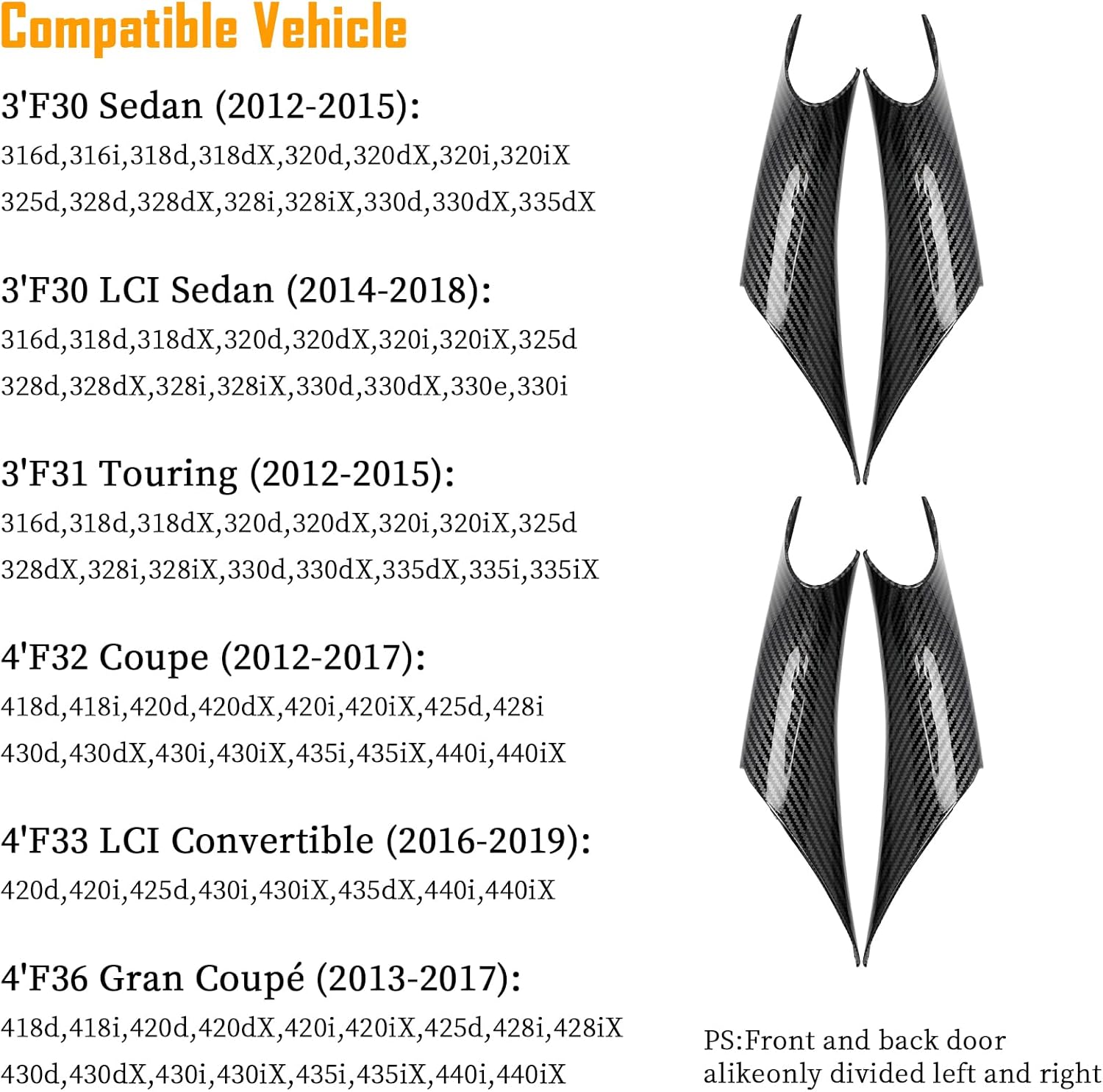 4pcs Easy to install car Interior Door Pull Handle Grab Cover Fit for BMW 3 Series 320,328,330,335,F30,F31,F34,F80,M3 and 4 Series 418,420,428,435,F32,F36,F82,F83,M4 2012-2018 Full Set Carbon Fiber