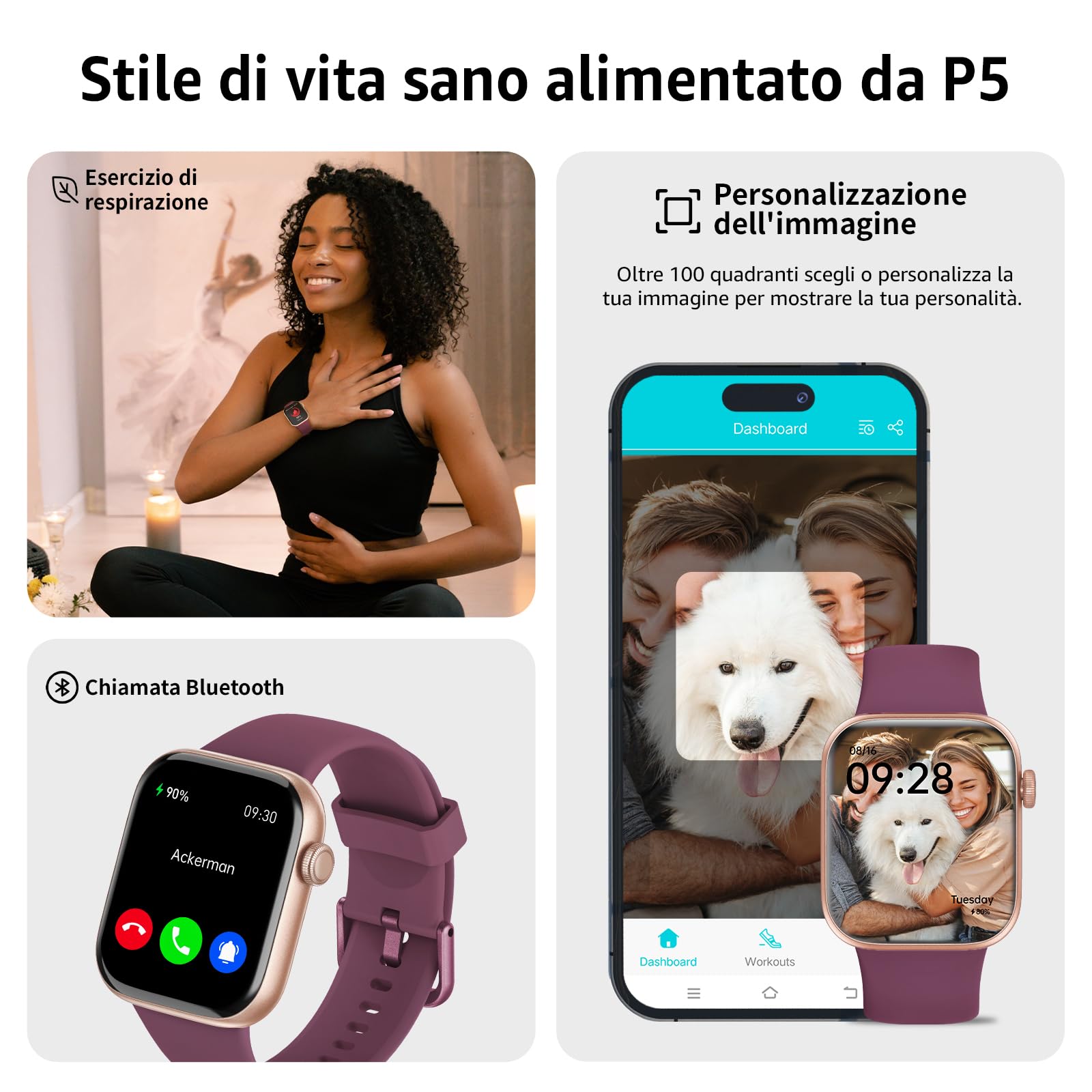 AcclaFit Smartwatch Uomo Donna, 1.85" Orologio Smartwatch con Effettua/Risposta Chiamate, 113 Sportive Smart Watch con Contapassi/SpO2/Sonno/Cardiofrequenzimetro, Impermeabil IP68 per iOS Android