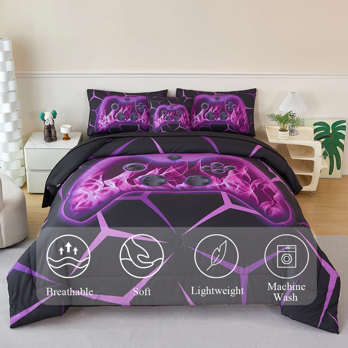 Kids Bedding Set Queen Size Gamer Comforter for Boys Girls Teens Black Purple Gamepad Bed Set Lightweight Microfiber 6 Pieces Bed in A Bag for All Seasons(Purple, Queen) - Image 2