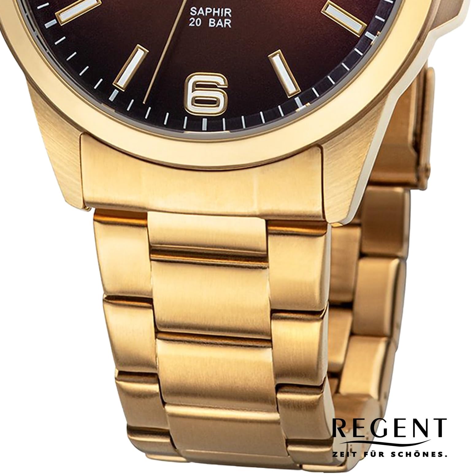 REGENT Orologio da uomo con giorno della settimana e datario 20 ATM, vetro zaffiro F-1530, Marrone dorato.