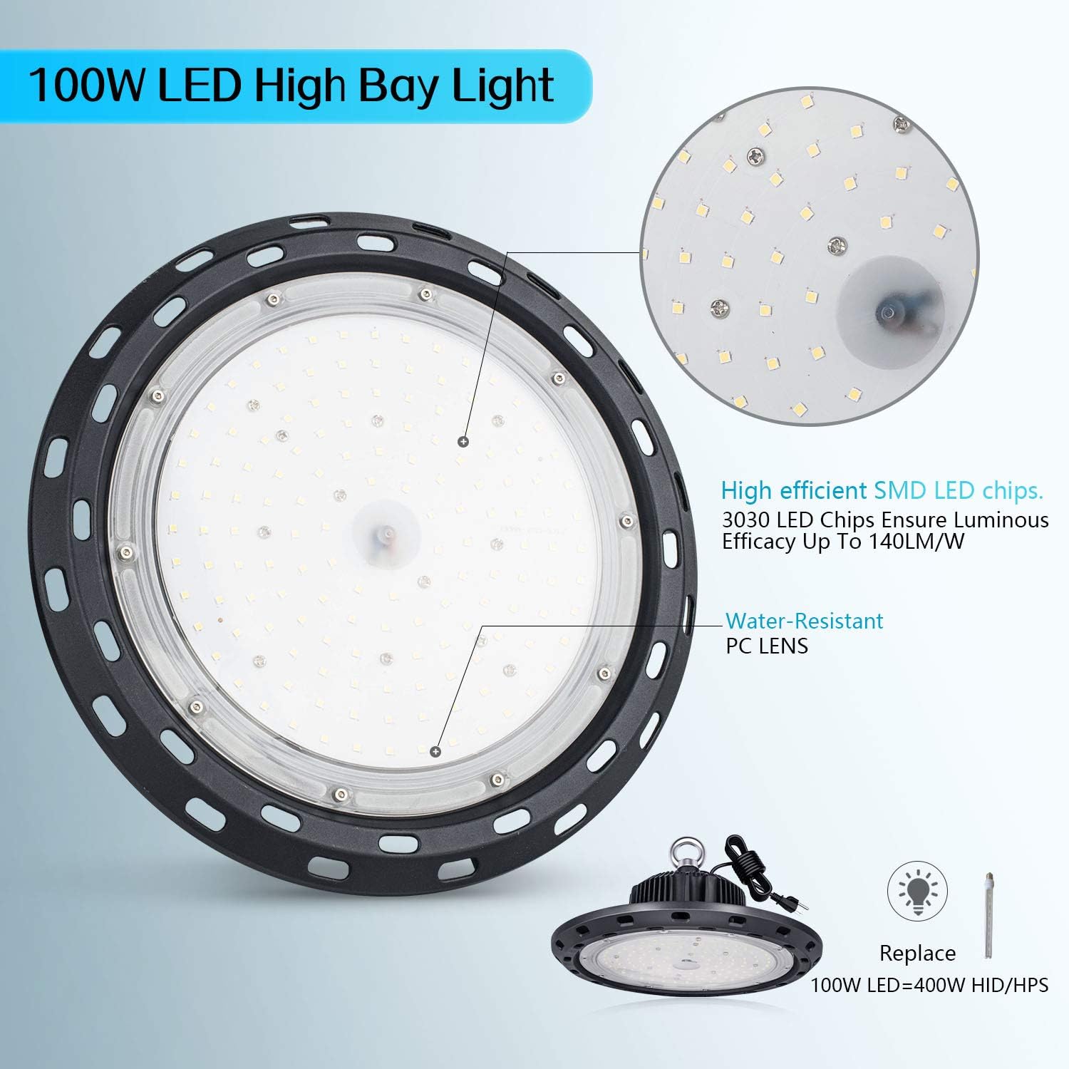 Vemofoper UFO LED High Bay Light 100W Ultra Bright Ceiling Lamp for Garage,Shop,Gym,Warehouse Work Commercial Lighting Grade 15000LM 120V 5000K IP65 (100W) - - 