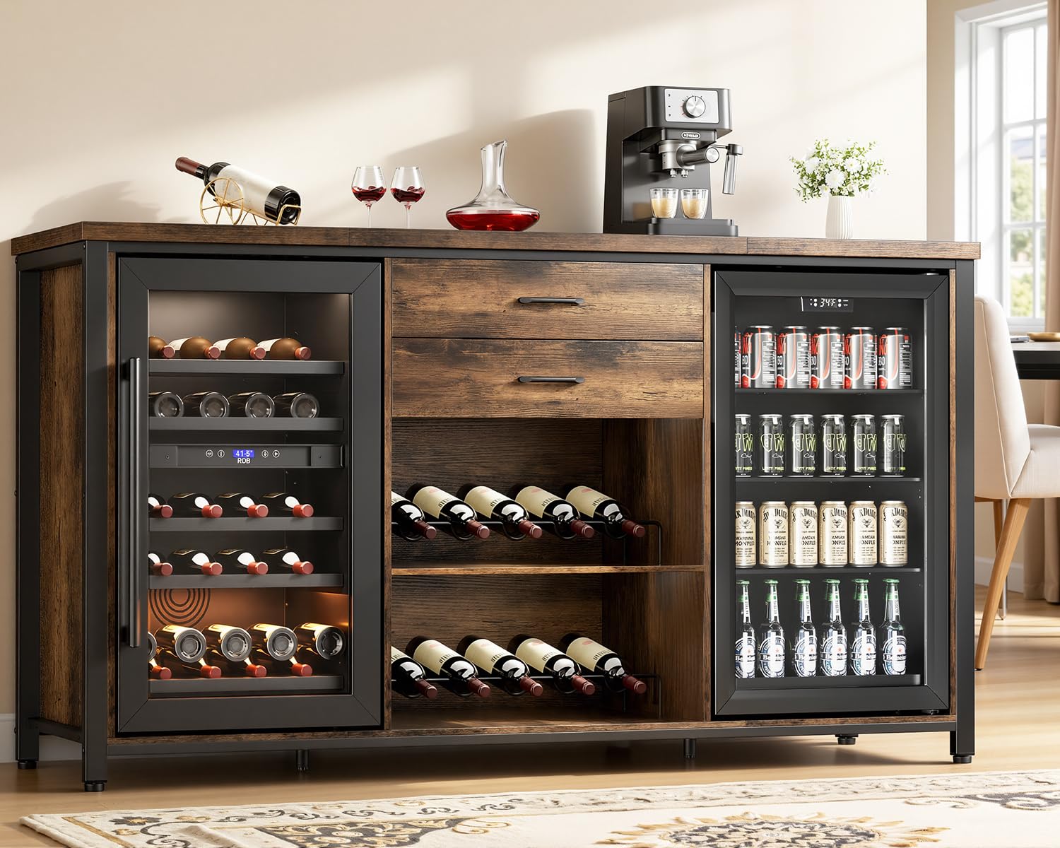 Leteuke Coffee Bar Cabinet with 2 Fridge Space, 70.8" Large Wine Cabinet