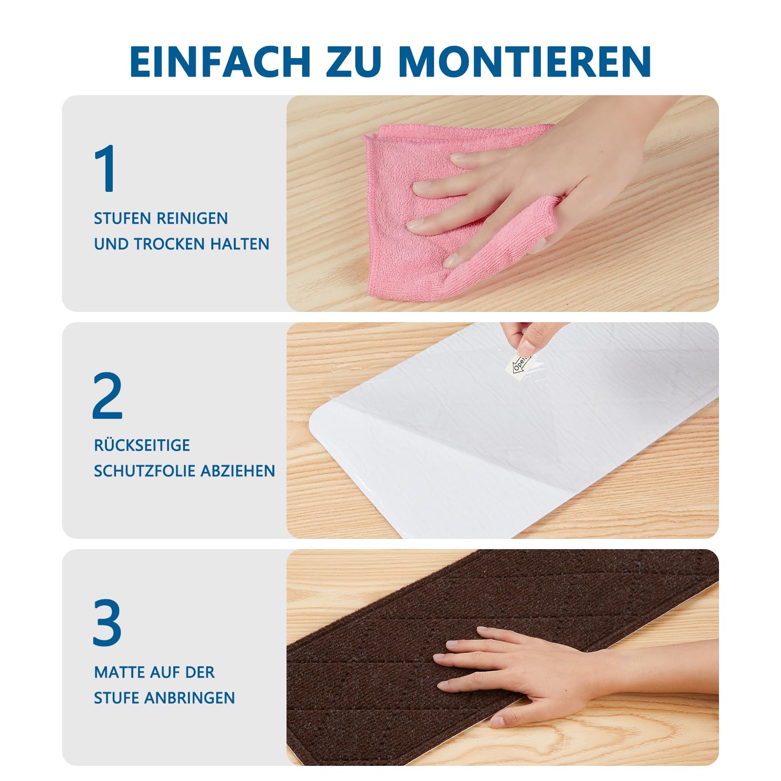 KOOTETA Teppich-Treppenstufen, rutschfest, 20x76cm (15 Pack), Teppich-Treppenläufer, wiederverwendbarer Klebstoff für alle sauberen, glatten Treppen, Stufenschutzmatte für Kinder, Braun