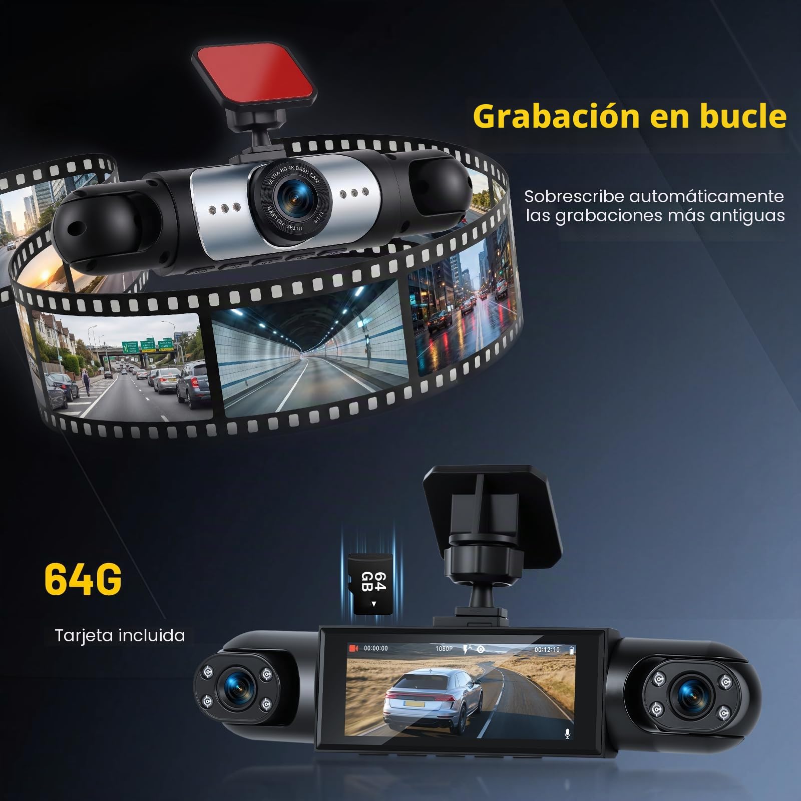Hikity Dashcam 4 Cámaras, Pantalla IPS 3,16", 1080P | Visión Nocturna, Grabación en Bucle, Gran Angular 150°/120°, Tarjeta TF Máx. 64 GB