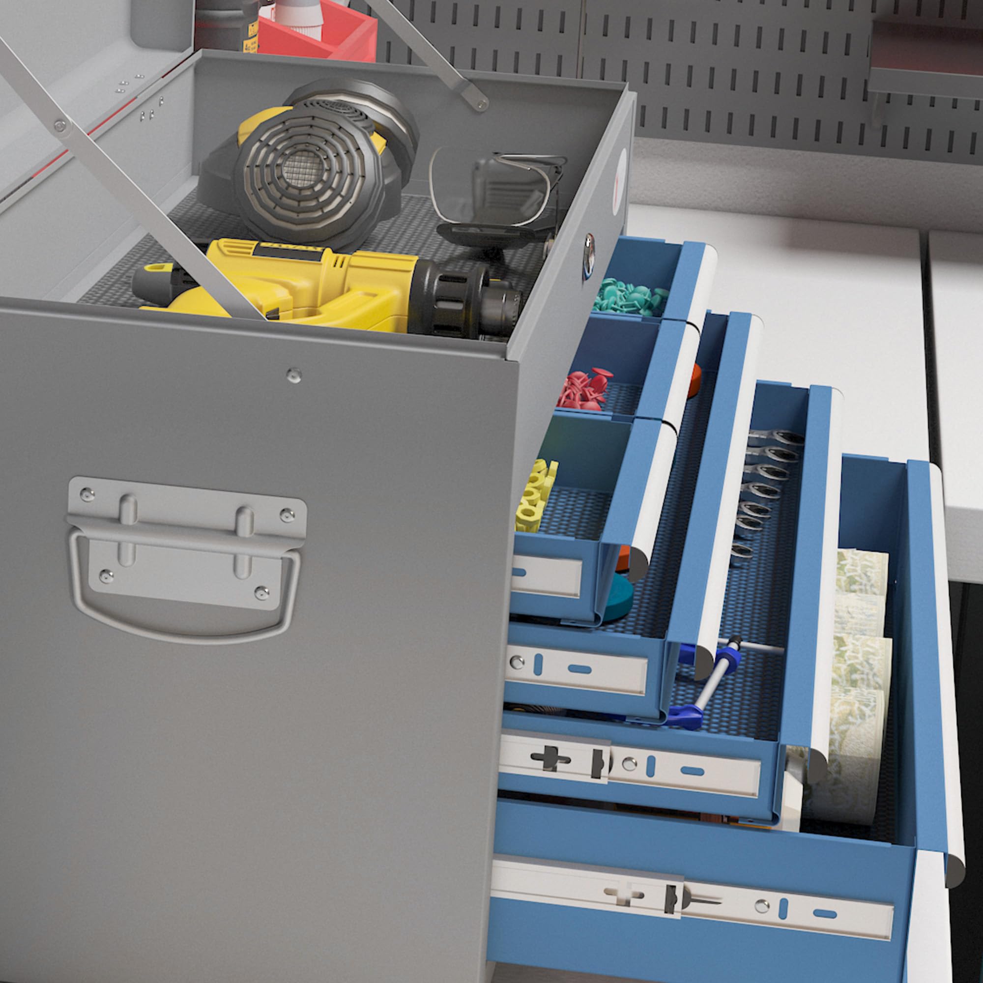 DURHAND Caisse Boite à Outils en métal avec 6 tiroirs et 1 Plateau supérieur, verrouillable avec 2 clés fournies, 2 poignées, Bleu