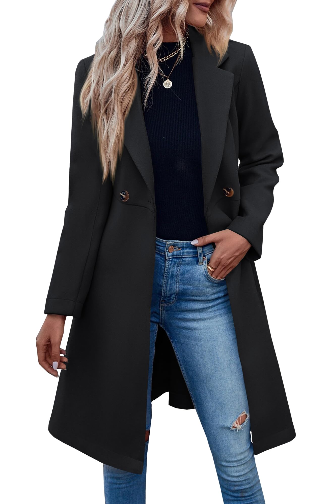 Photo 1 of Fazortev Womens Pea Trench Coats Notched Lapel Double Breasted Belted Business Casual Jackets Outerwear