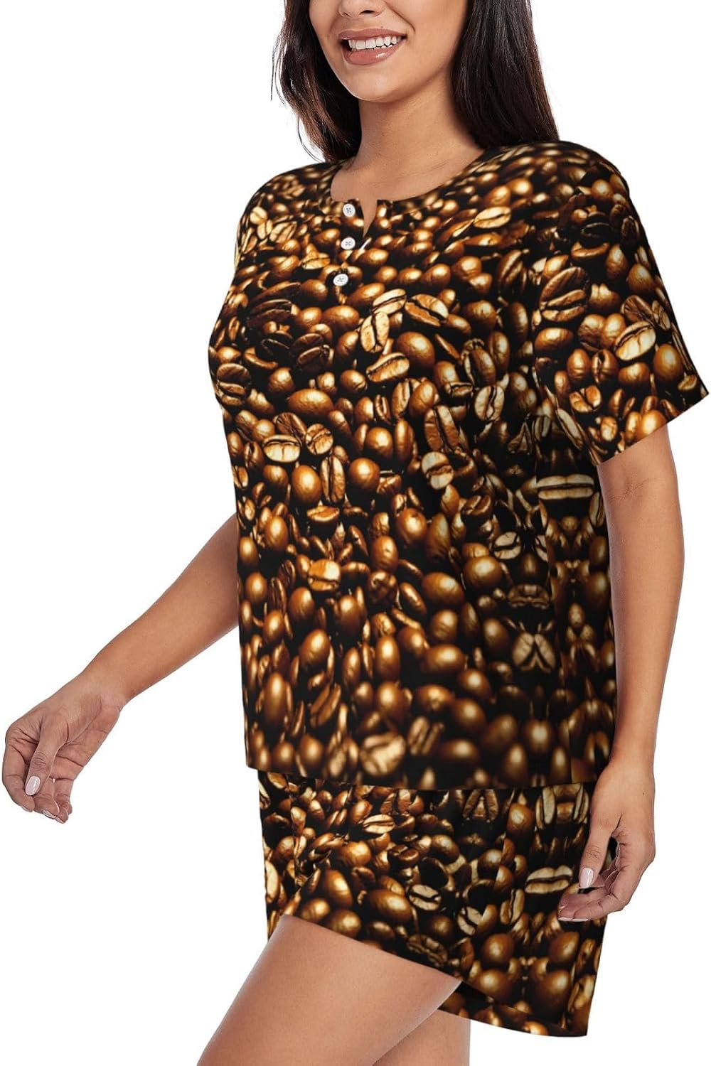 Funny Roasted Coffee Beans Print Stylish Women'S Pajama Set Short Sleeve,For Home,Vacation Or Beachwear