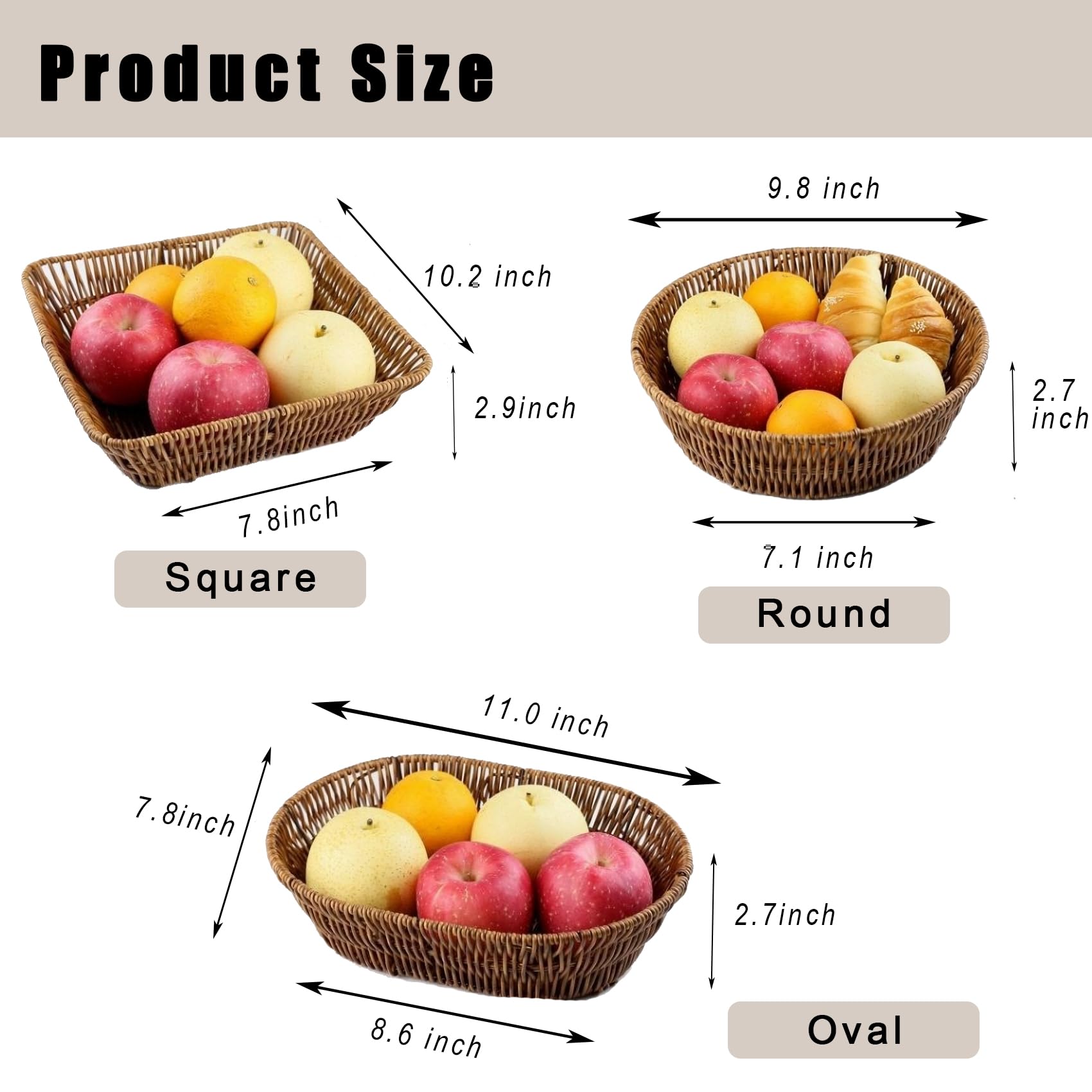 Set di 3 piccoli cestini in vimini, cestini per il pane per servire, in rattan, decorativi intrecciati a mano, per frutta, snack, cibo, organizer per cucina, marrone