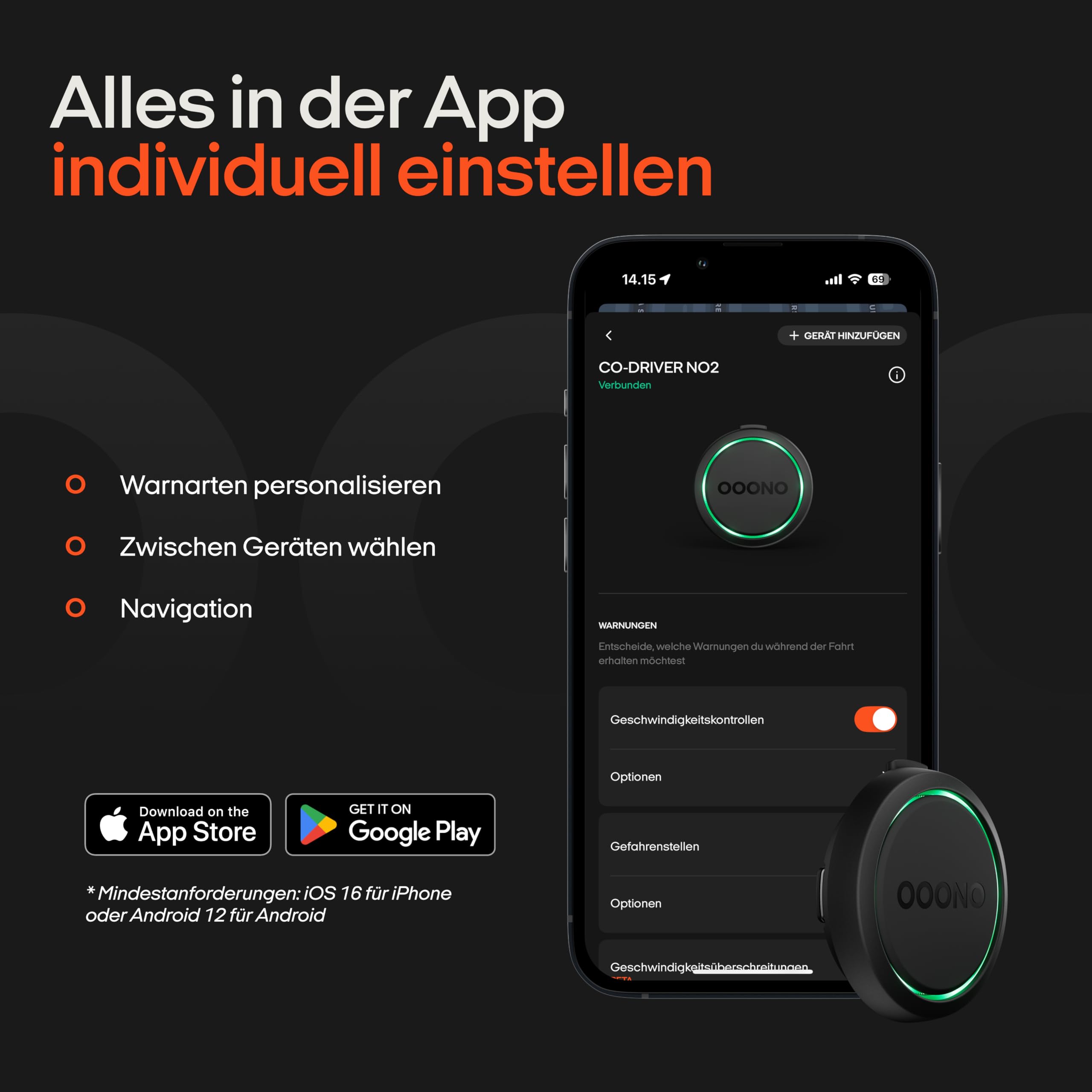 OOONO Co-Driver NO2 - Optimierter Co-Driver fürs Auto - Warnt vor Tempo-Kontrollen und Gefahrenstellen - Wiederaufladbar - LED-Anzeige - CarPlay & Android Auto kompatibel
