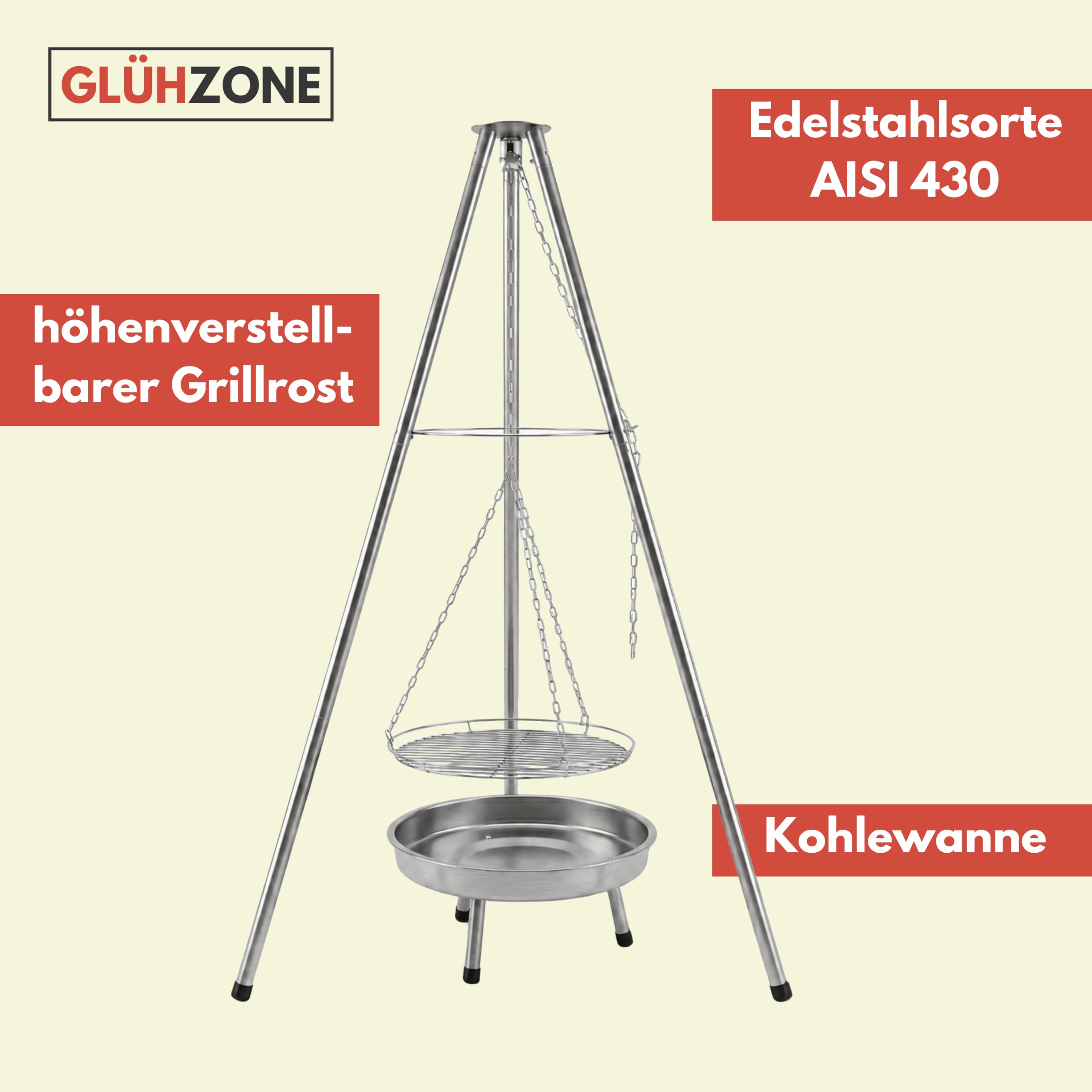HKG 100 - Schwenkgrill aus Edelstahl mit Feuerschale, Dreibein | Dreibein Schwenker Holzkohlegrill, Höhenverstellbar, Komplett Set, Große Grillfläche Ø 50 cm, Für Camping und Garten