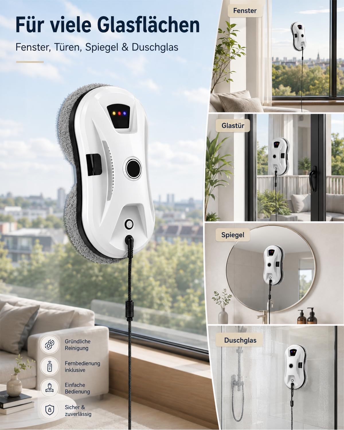 Fensterputzroboter mit Sprühfunktion, 5600Pa Fensterroboter mit Fernbedienung, Intelligenter Navigation, 3 Reinigungsmodi, Sicherheitsseil und UPS Mehrfachschutz, Fenster Roboter für Glas, Fliesen