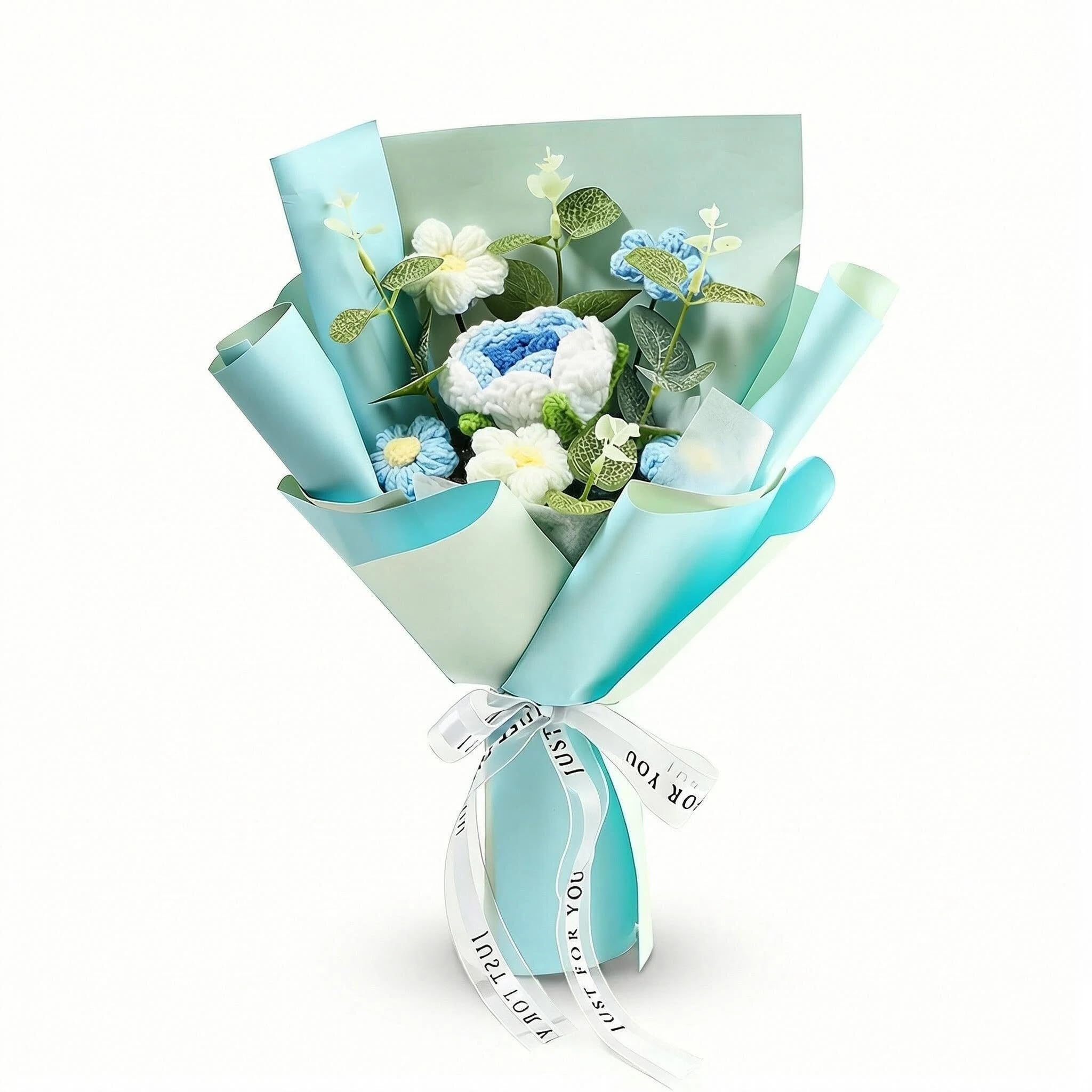 QIANSSE Crochet Flowers Bouquet Knitted Roses, Handmade Artificial Floral, Graduation Teacher Appreciation for Loved Ones Moms Dads Women Teachers (Blue)