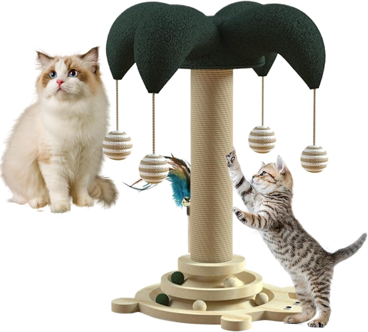 猫の爪とぎポスト - 麻ロープ キャットスクラッチポール,おもちゃ付き回転ボール台 家具保護用 小型種 家庭アパート向け