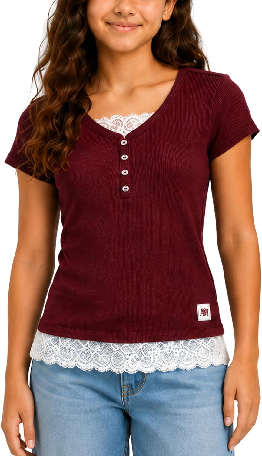 AEROPOSTALE Girls Henley Shirts, Short Sleeve 2fer Lace Trim Top, Y2K 7-16
